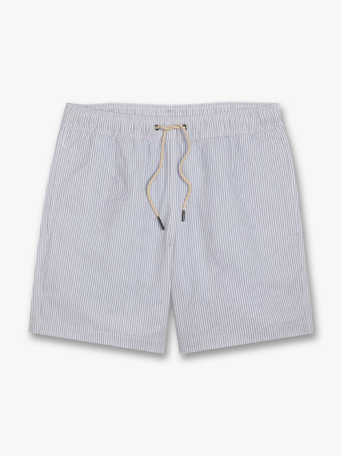 Grey seersucker swim trunk with vertical striped pattern and tan drawstring closure.