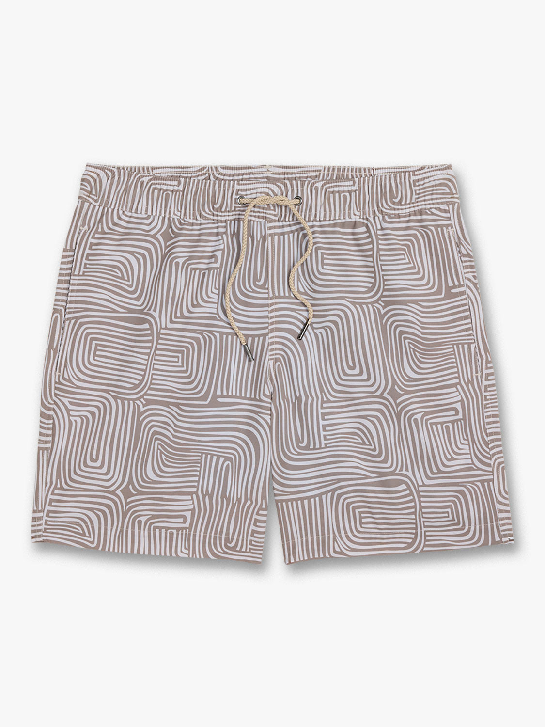 Beige and white swim shorts with wavy stripe pattern and drawstring waistband closure displayed flat.