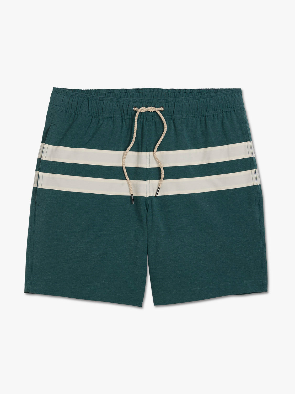 Green shorts with a white stripe on a white background
