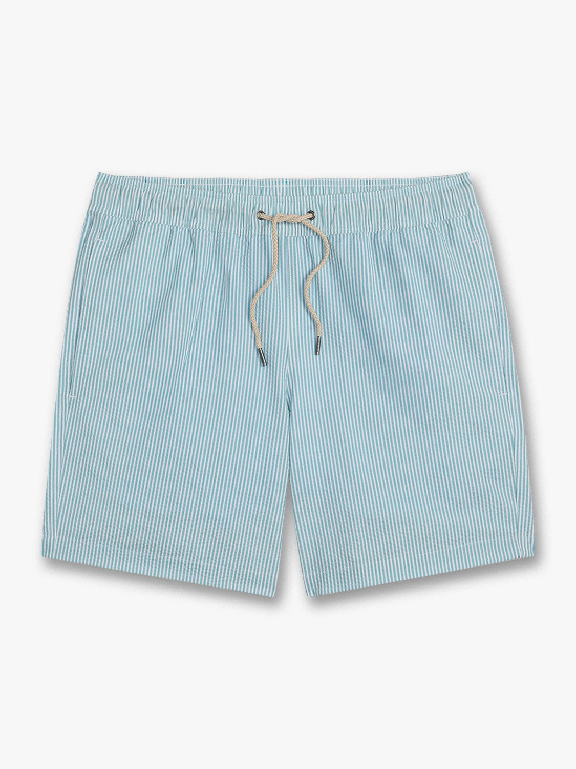 Light blue and white striped seersucker swim trunks with a drawstring waist closure.