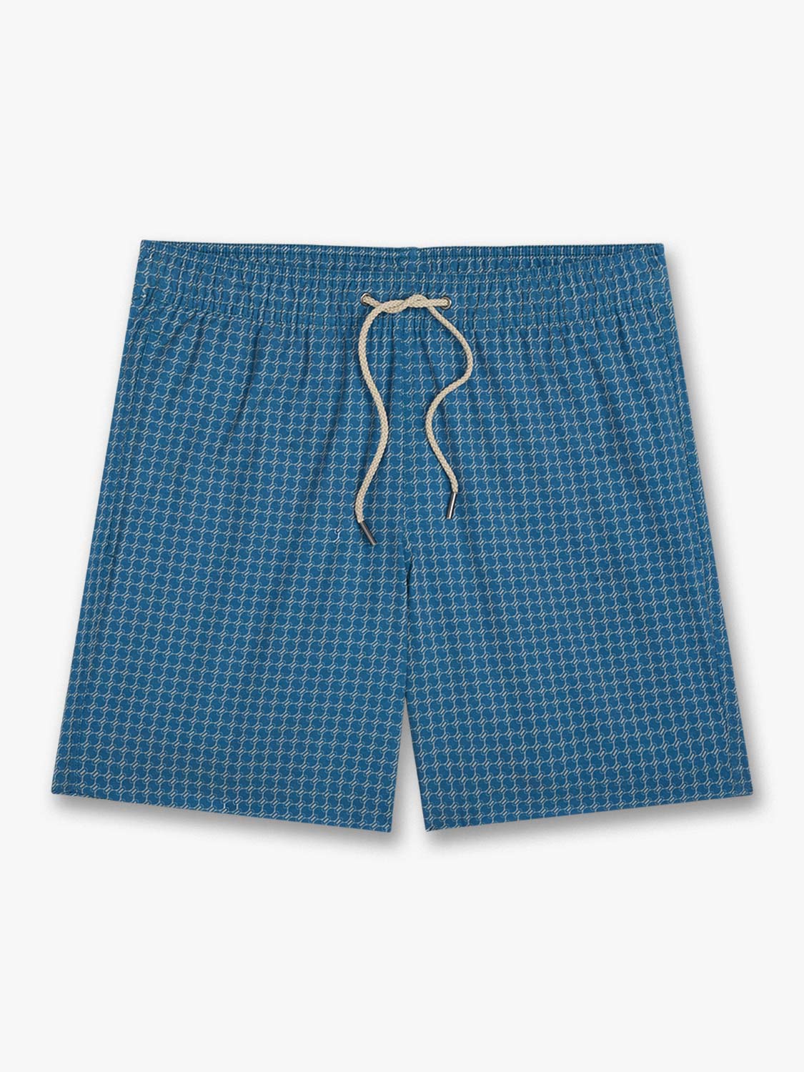 Teal swim shorts with a geometric grid pattern and beige drawstring tie at waist.