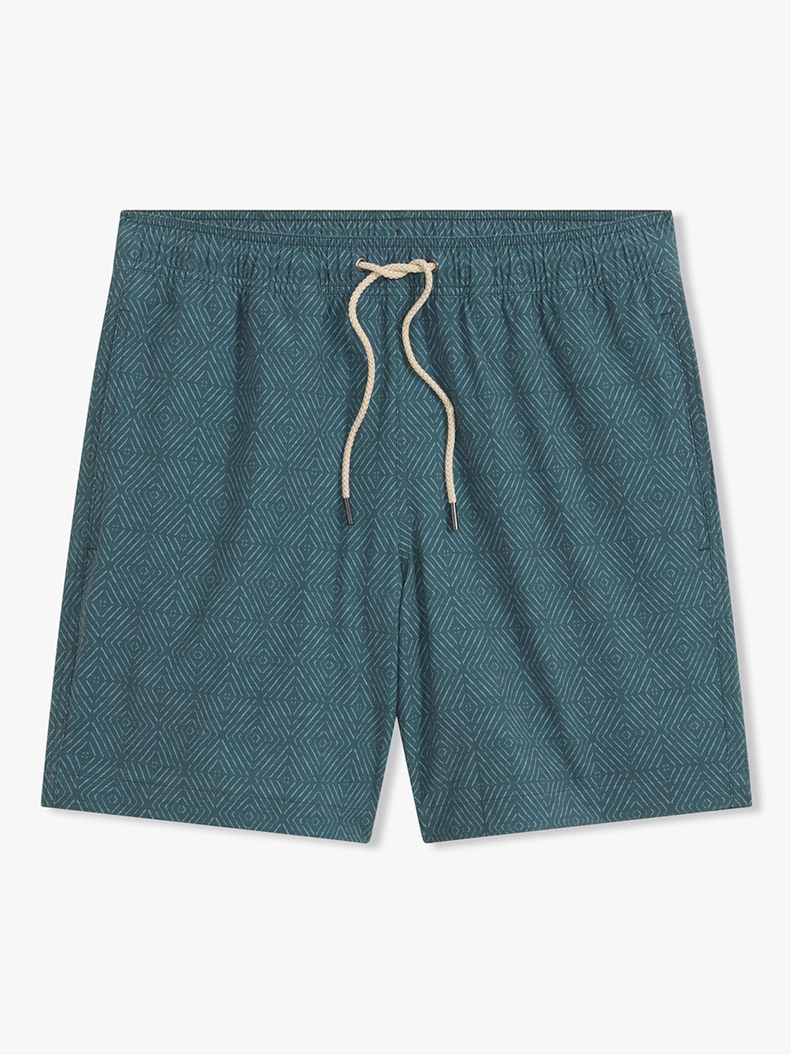 Green shibori swim trunk with geometric diamond pattern and cream drawstring waistband on white background.