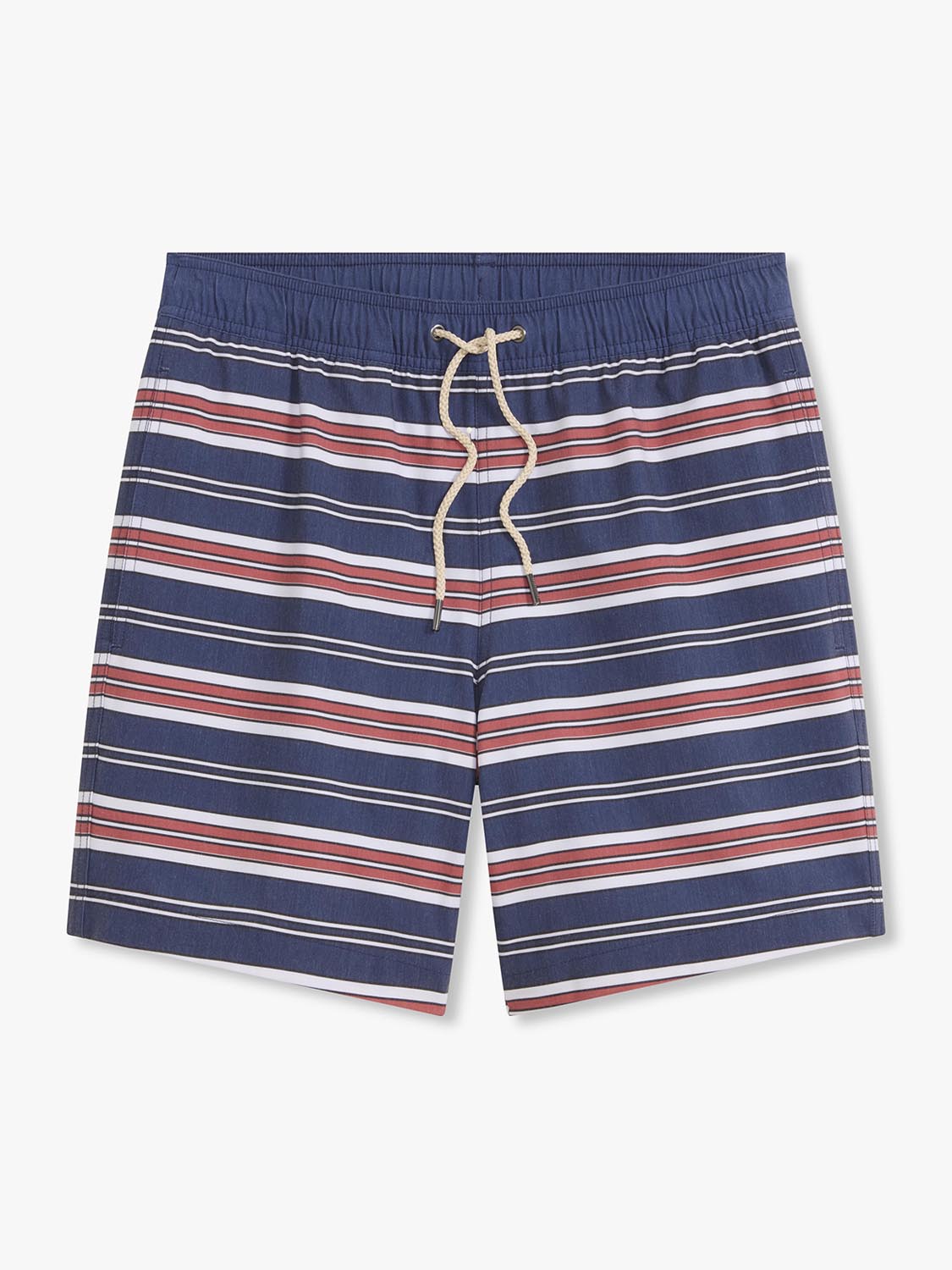 Navy, red, and white striped swim trunk with drawstring waist and elastic band closure.