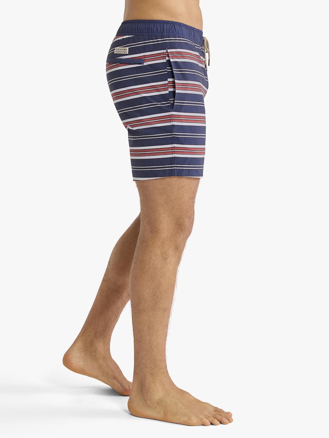 Navy swim trunk with horizontal red and white stripes and elastic waistband with drawstring closure.