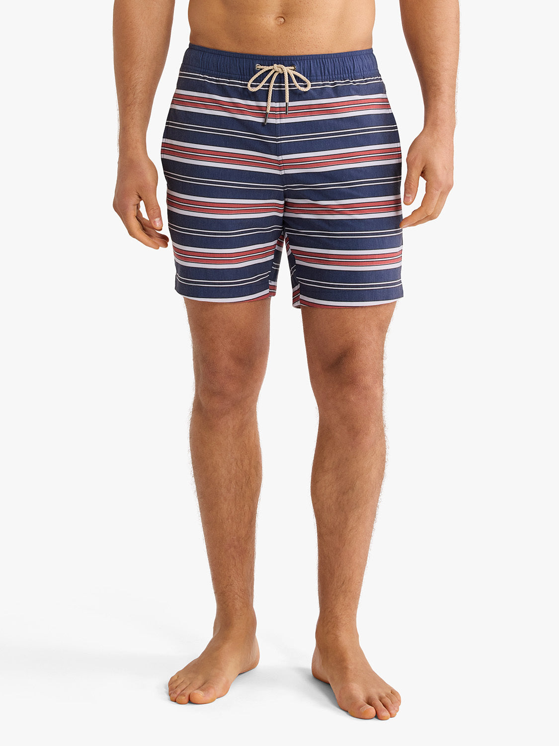 Men's swim trunks with horizontal navy, red, and white stripes and a drawstring waist.