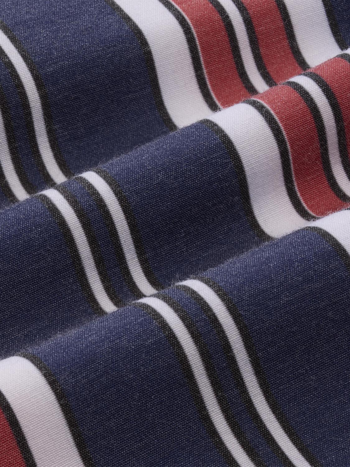 Close-up of striped fabric with navy, white, and red banner stripes in textured material.