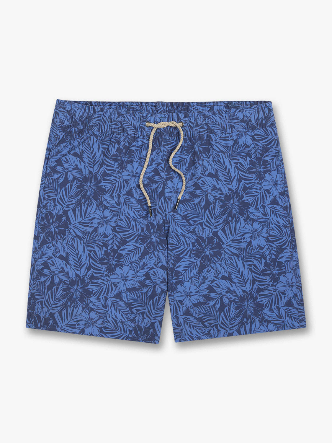 Blue swim trunk shorts with an all-over leaf and floral print pattern and a tan drawstring.