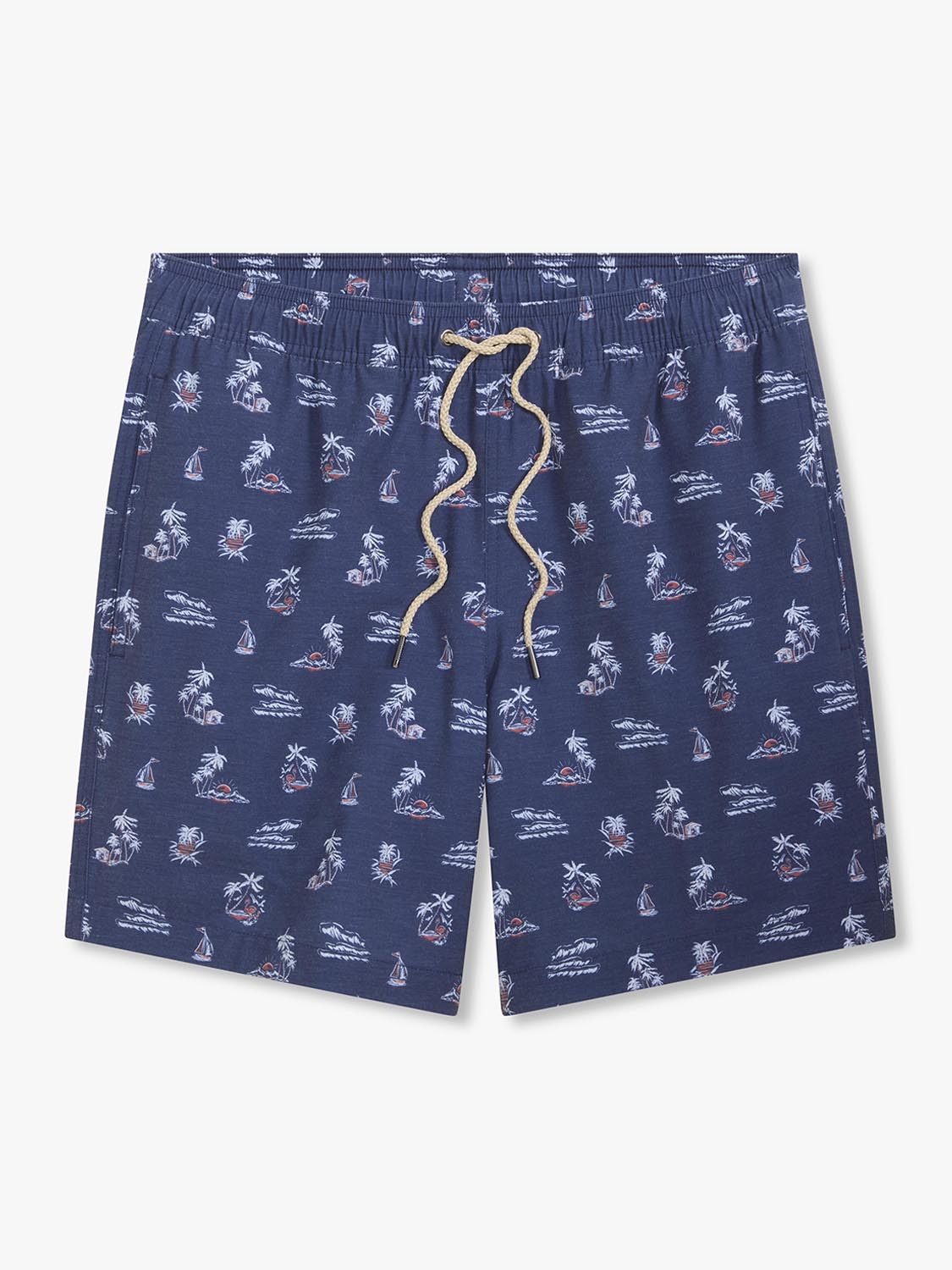 Navy swim trunks with an all-over tropical print featuring sailboats, palm trees, and islands with a tan drawstring.