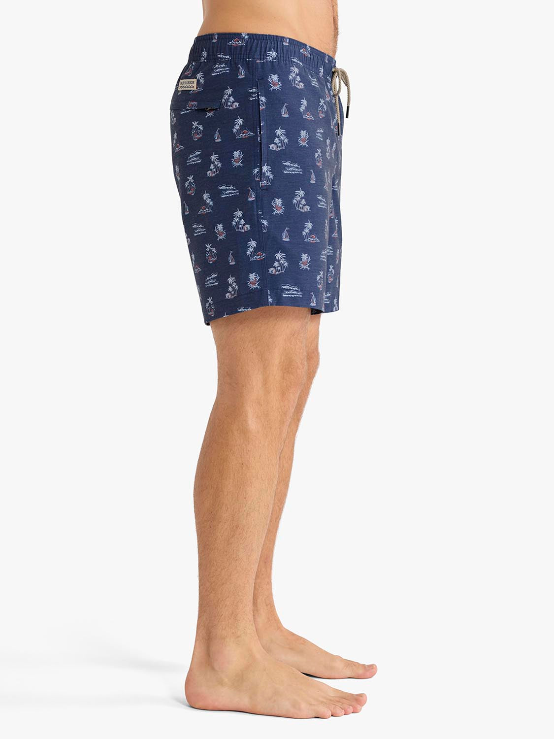 Navy swim trunk with an all-over harbor and nautical-themed print pattern throughout.