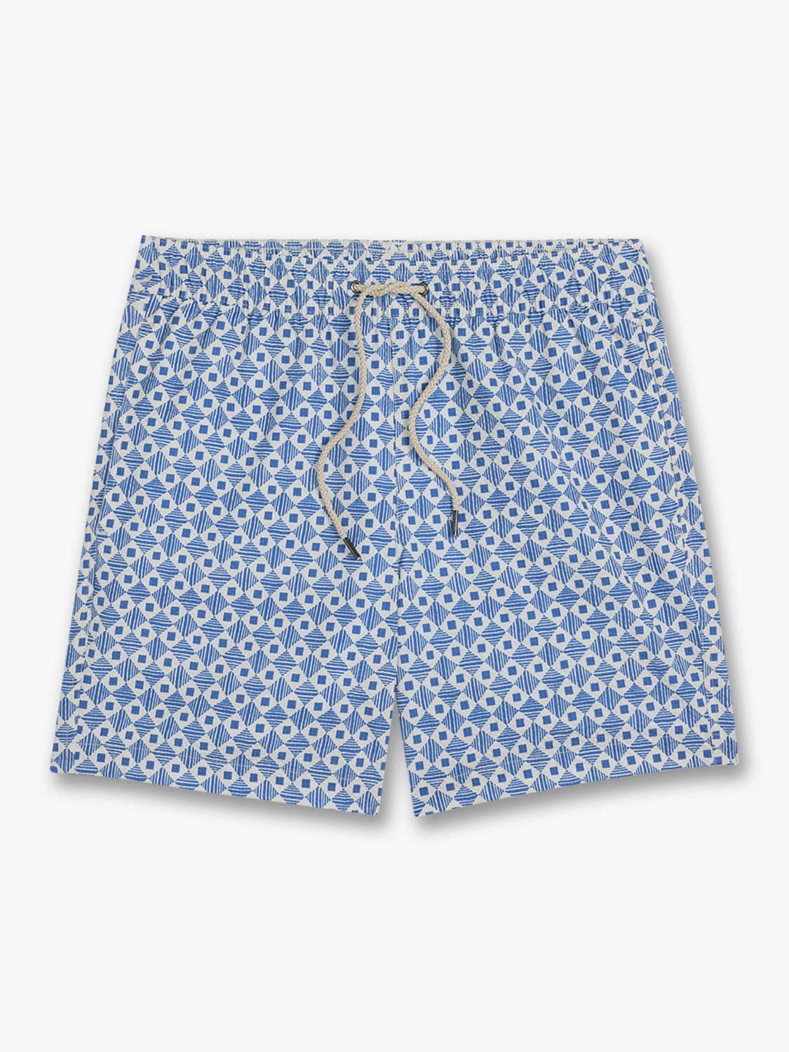 Sea blue and white patterned swim shorts with a drawstring waist and geometric tile design.
