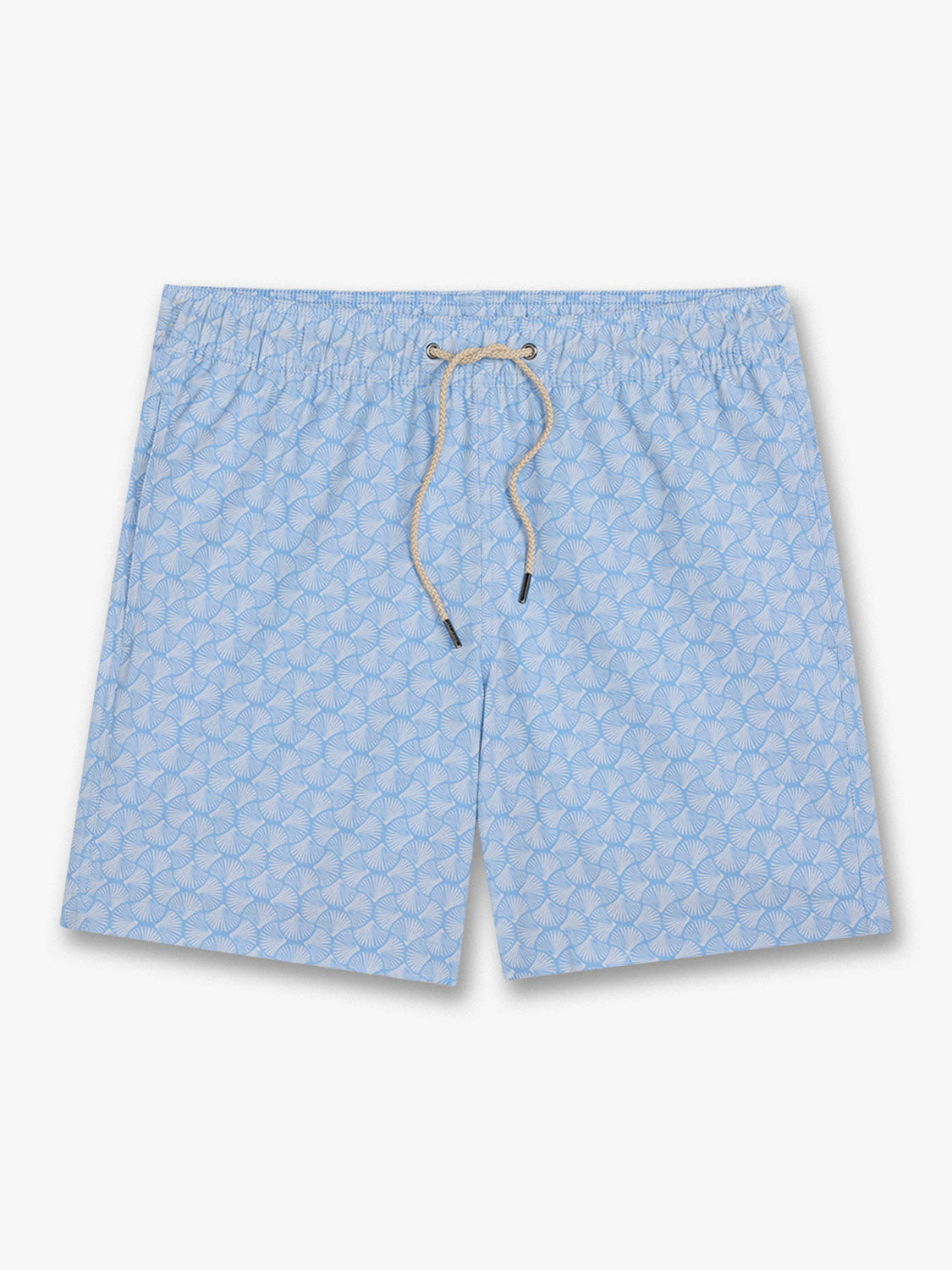 Sky blue swim shorts with an all-over shell print pattern and tan drawstring waistband.
