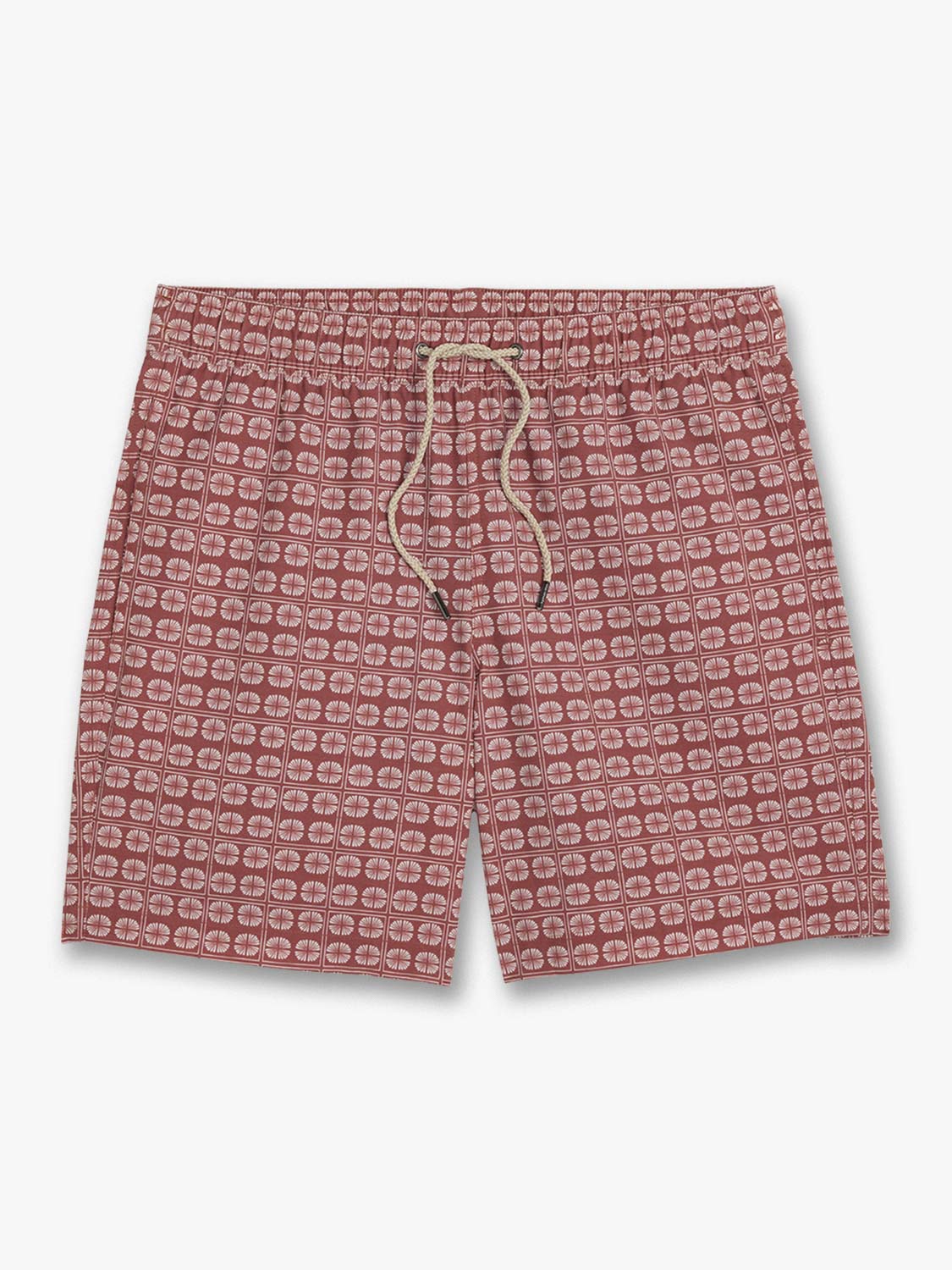 Redstone swim trunks with an all-over sand dollar pattern and drawstring waist closure.