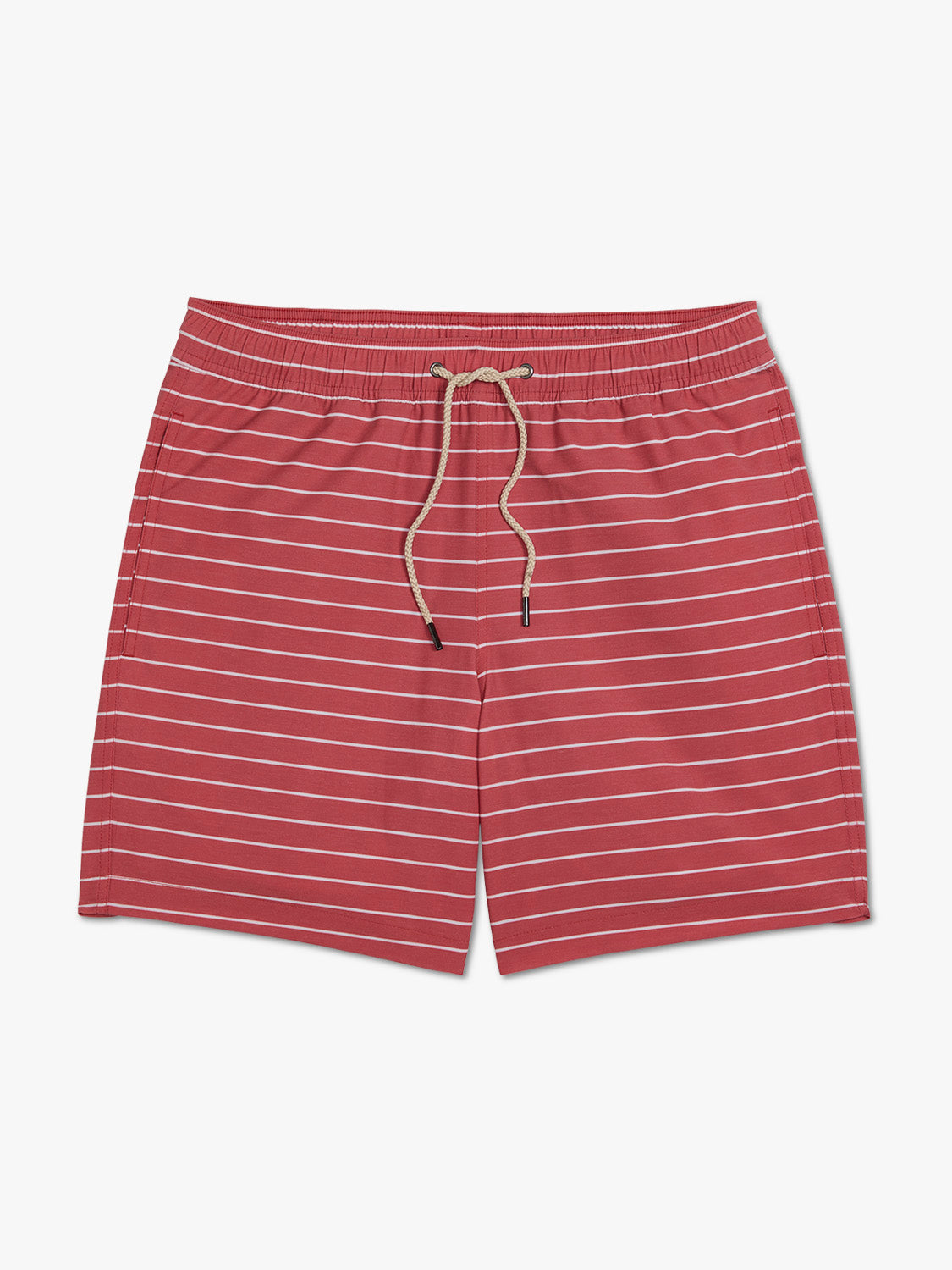 Red and white striped swim trunks with an elastic waistband and drawstring closure.