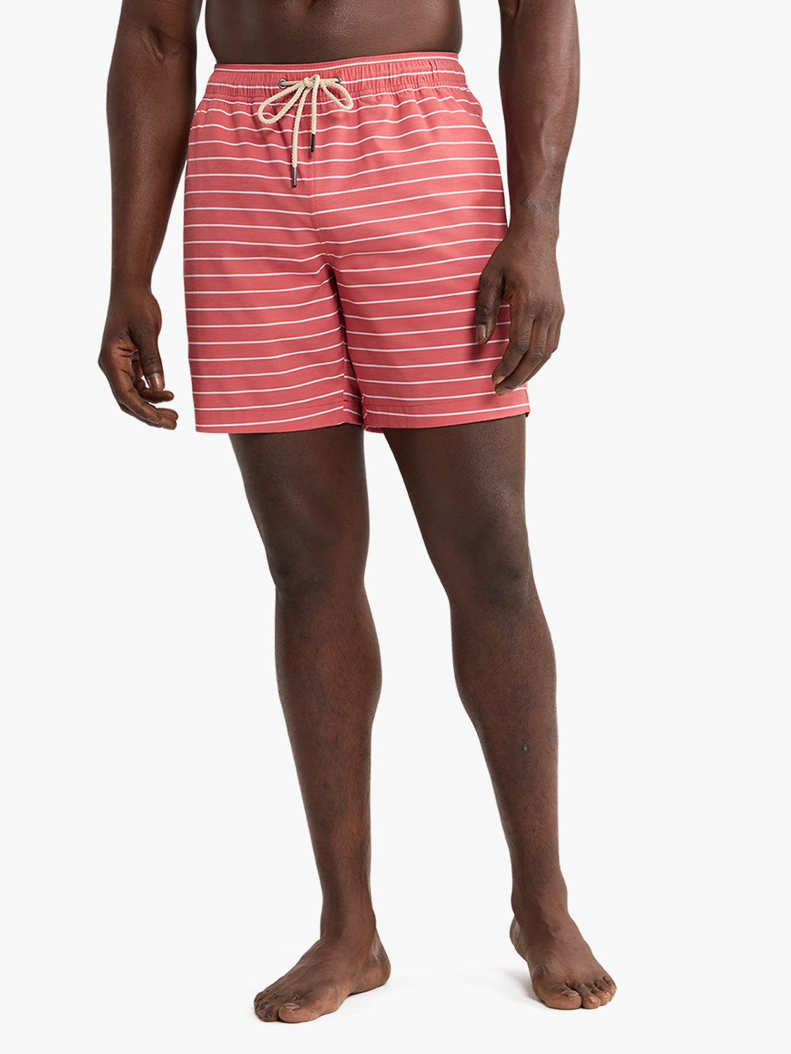 Men's swim trunks in red with white horizontal stripes and drawstring waist.
