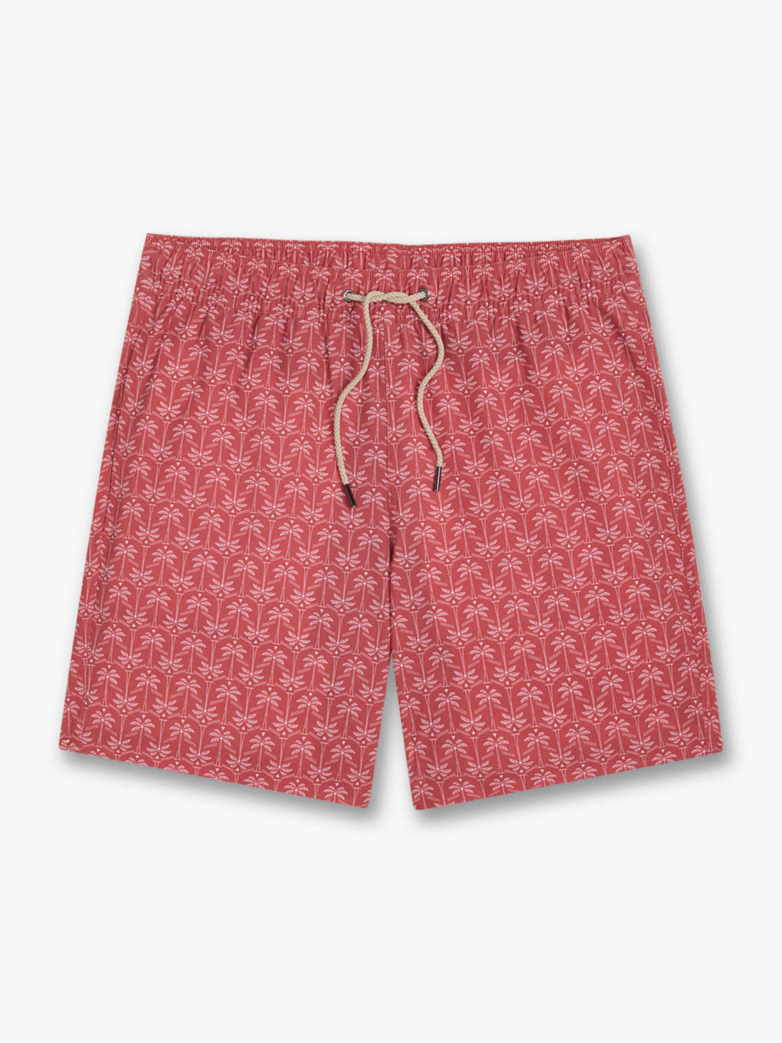 Red swim shorts with a repeating white palm tree pattern and a drawstring waist closure.