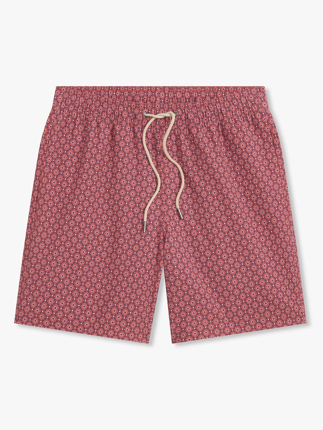 Red swim trunk with small geometric bandana pattern and drawstring waist closure.