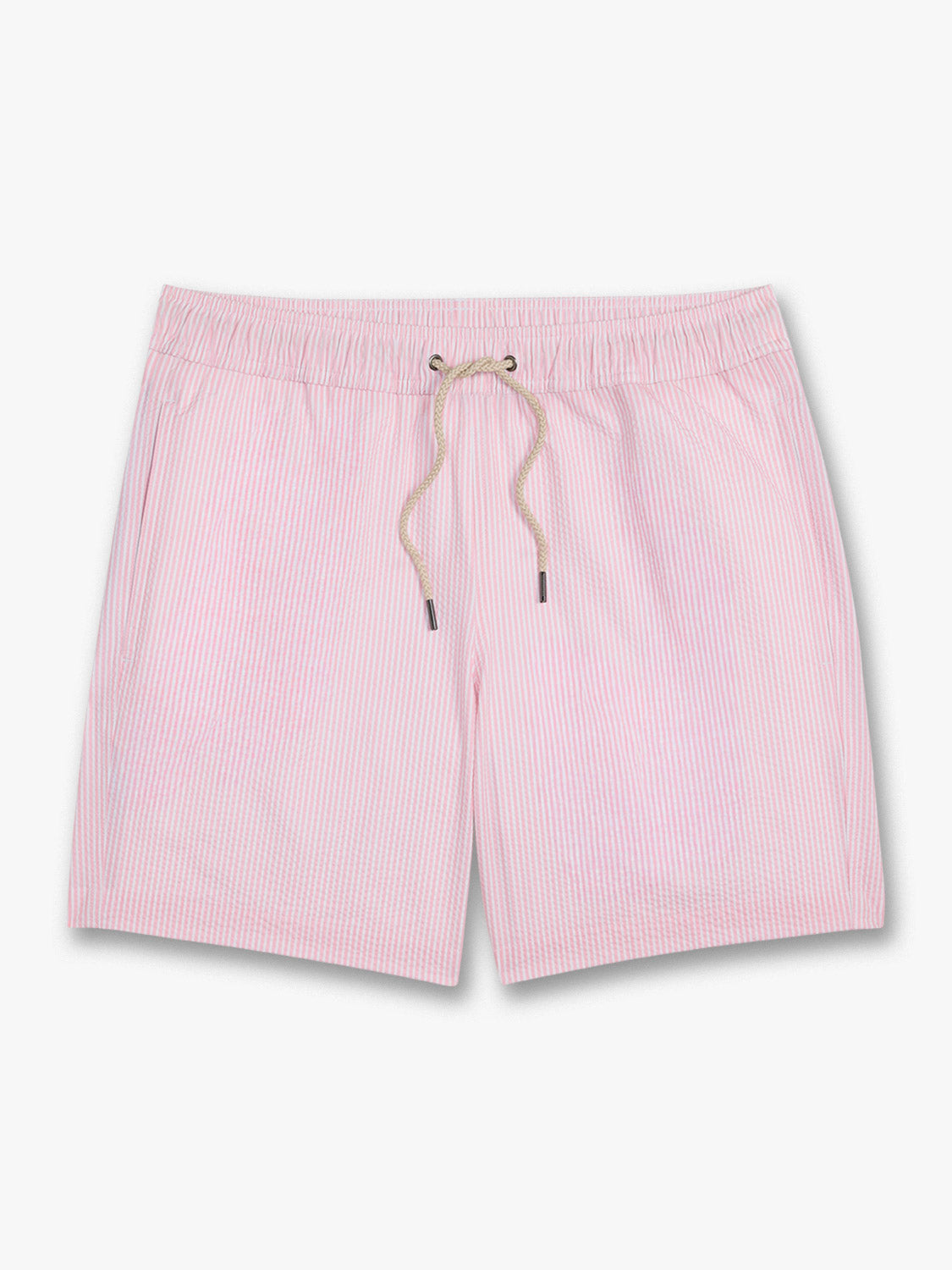 Pink seersucker swim trunks with vertical stripe pattern and tan drawstring closure.