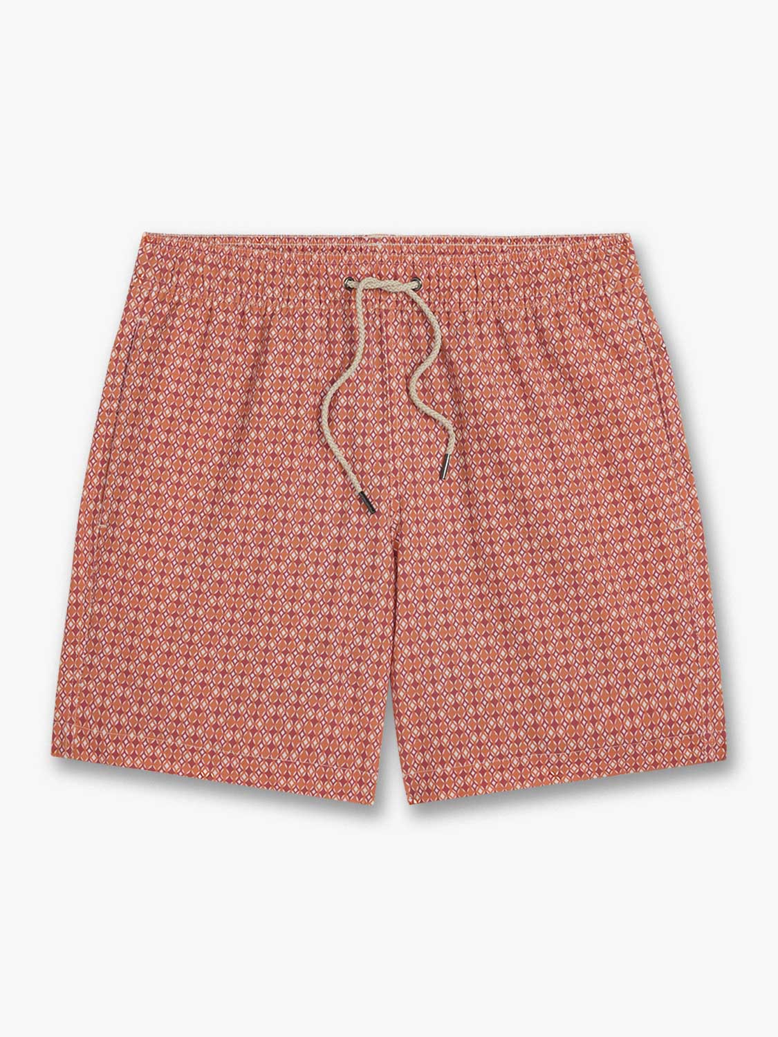 Tangerine swim trunk with geometric diamond pattern and beige drawstring waistband displayed flat.