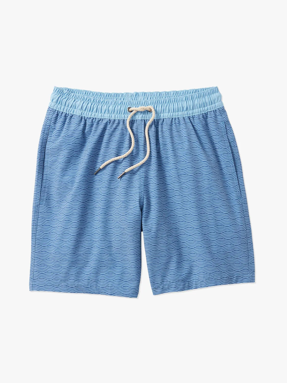 A pair of blue waves Bayberry trunks with a drawstring elastic waistband.