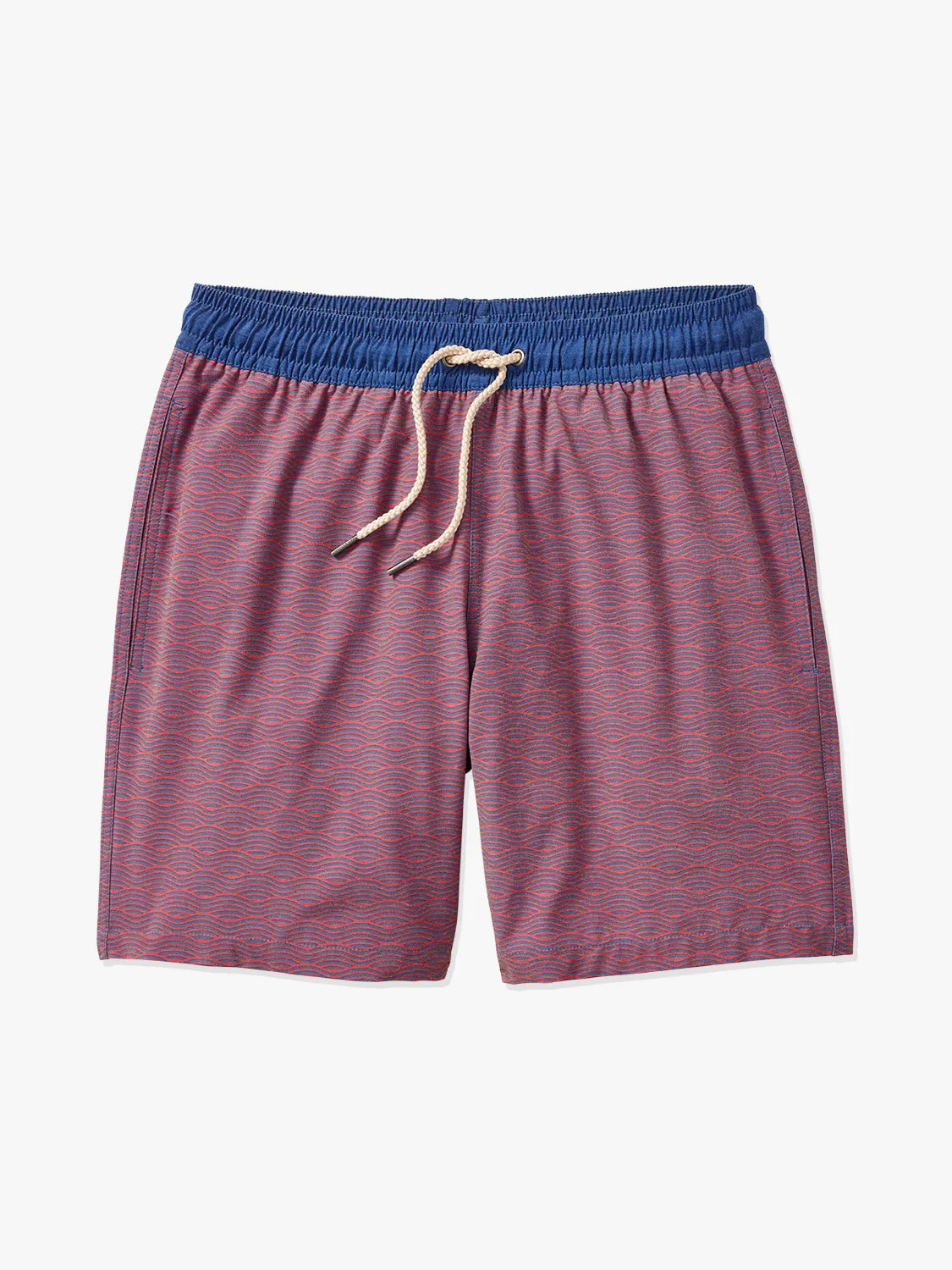 Red bayberry trunks with a navy waistband and subtle wave pattern with a white drawstring on a white background. 