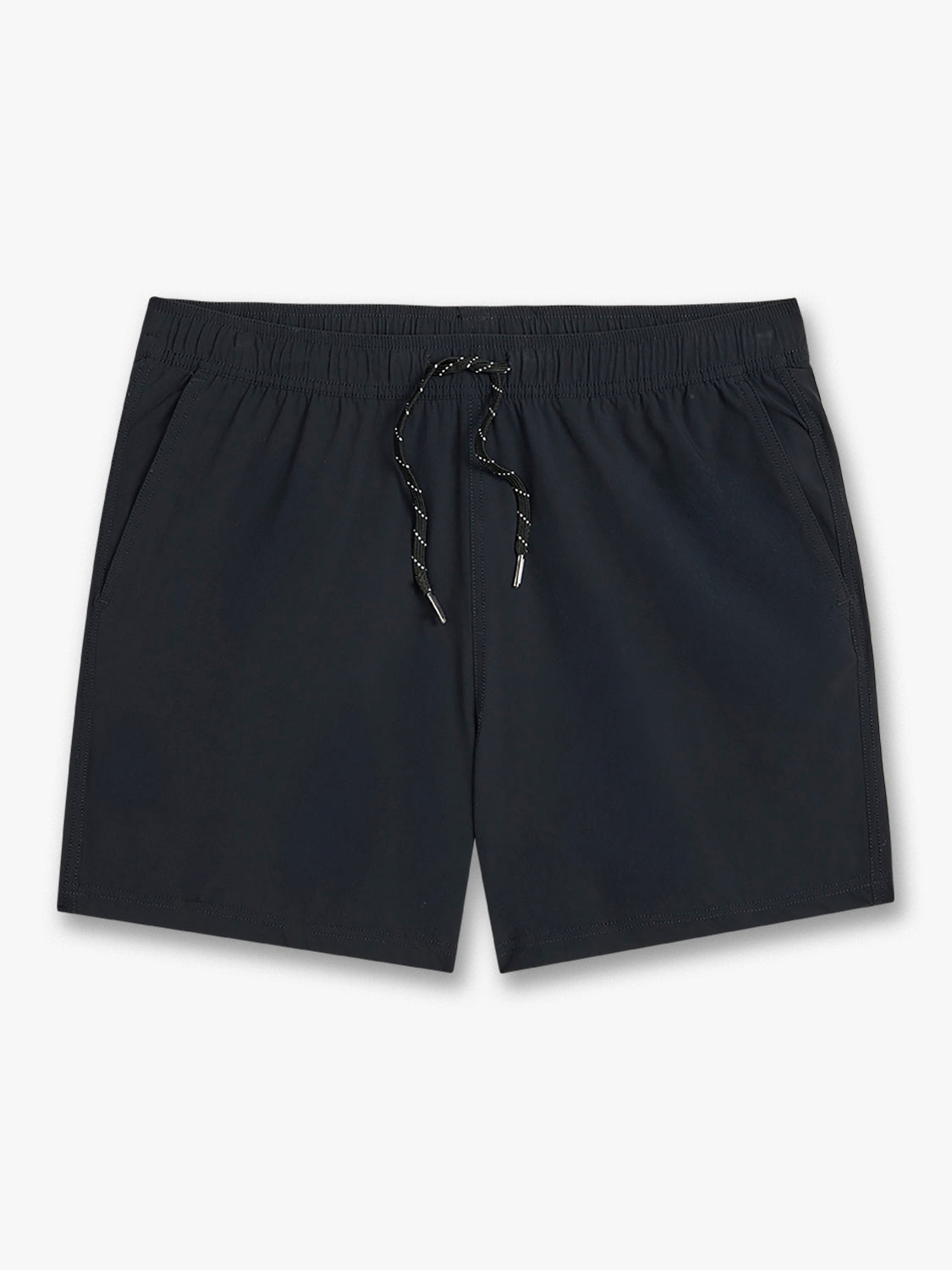 Black shorts with an elastic waistband and drawstring closure displayed against a neutral background.