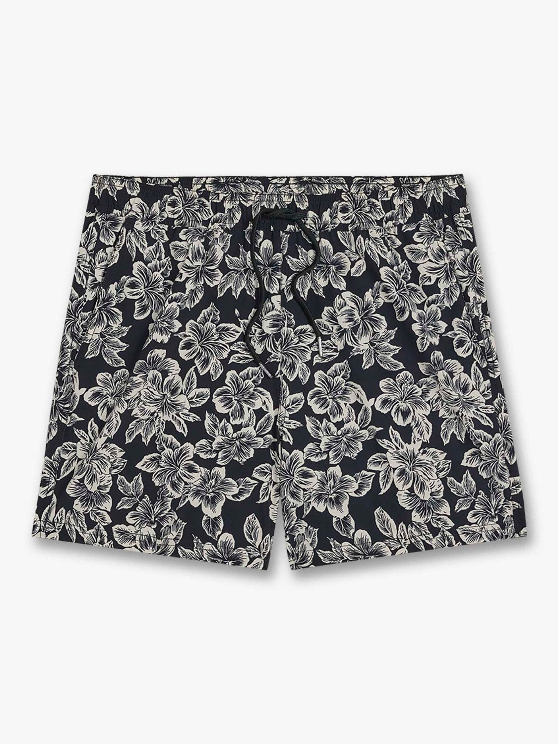 Black swim trunks with white hibiscus flower print throughout on flat background.