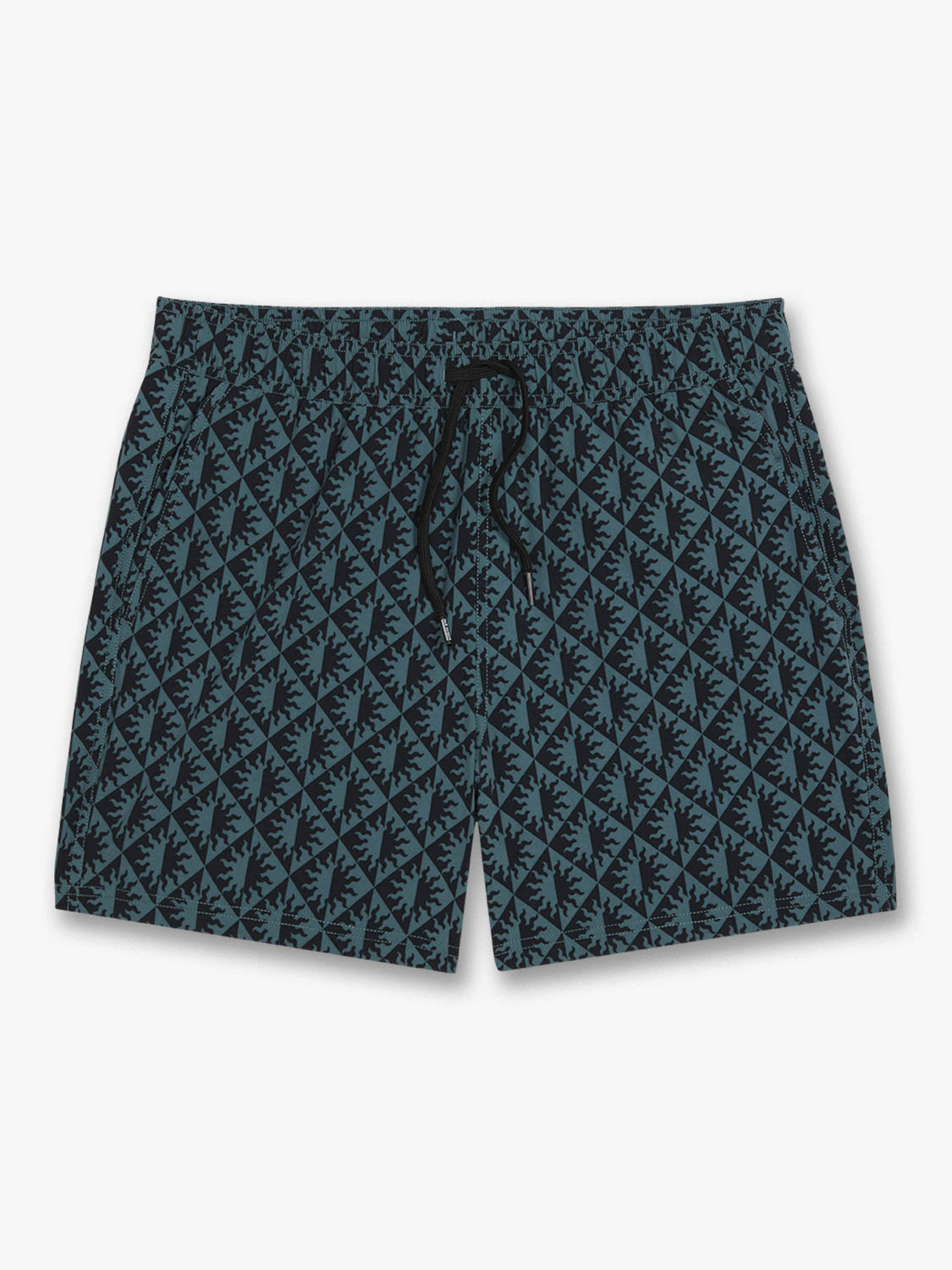 Teal and black geometric patterned swim shorts with an elastic waistband and drawstring closure.