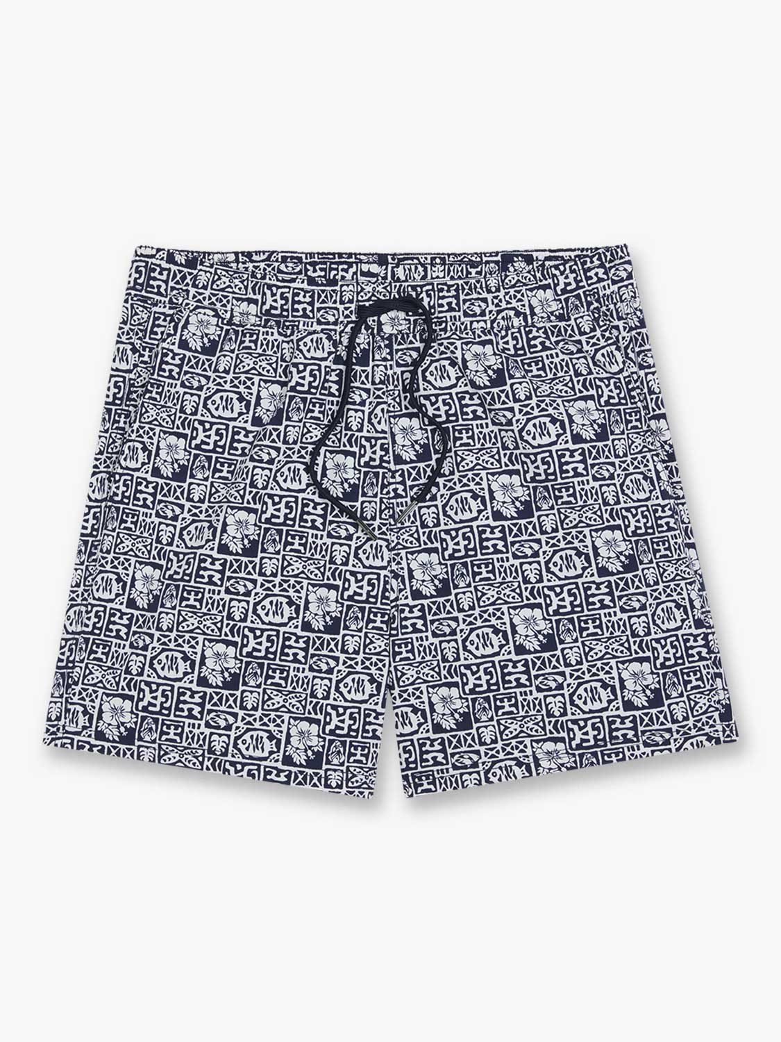 Navy and white swim shorts with an all-over geometric tile pattern and drawstring waist.