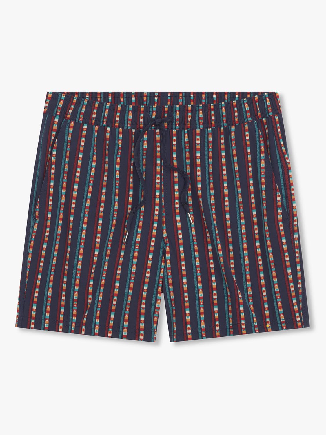 Navy swim trunks with red, blue, and white vertical striped pattern throughout.