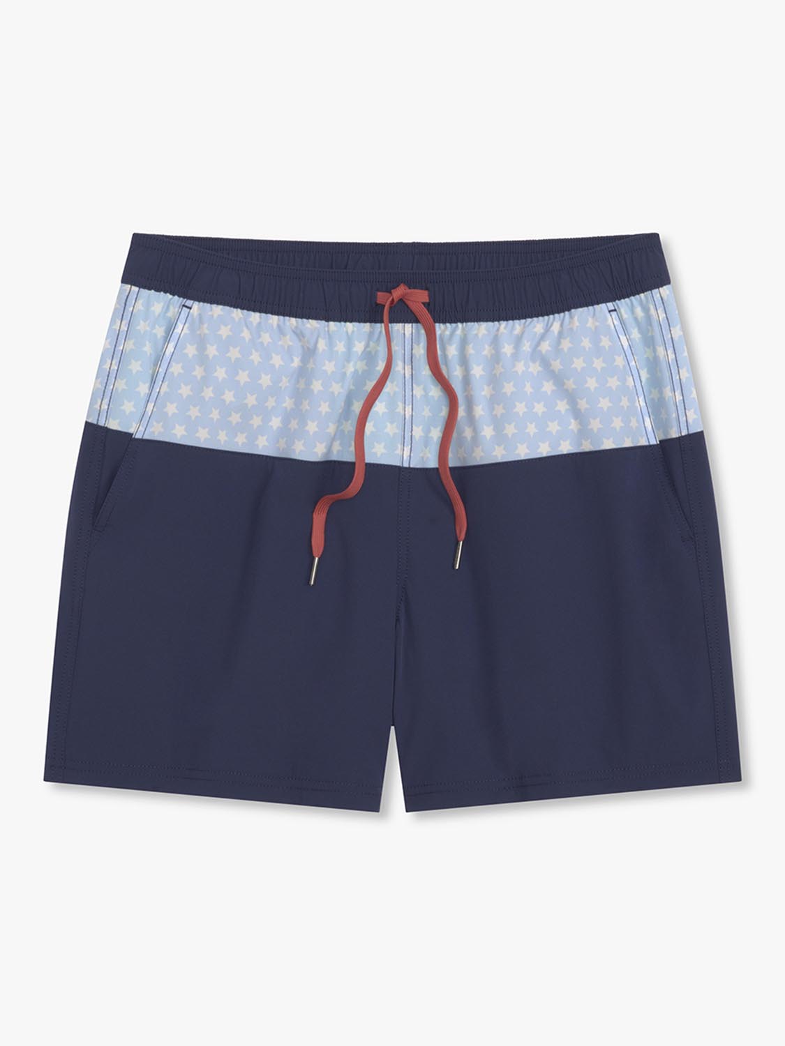 Navy and light blue swim trunk with white star pattern stripe and red drawstring.