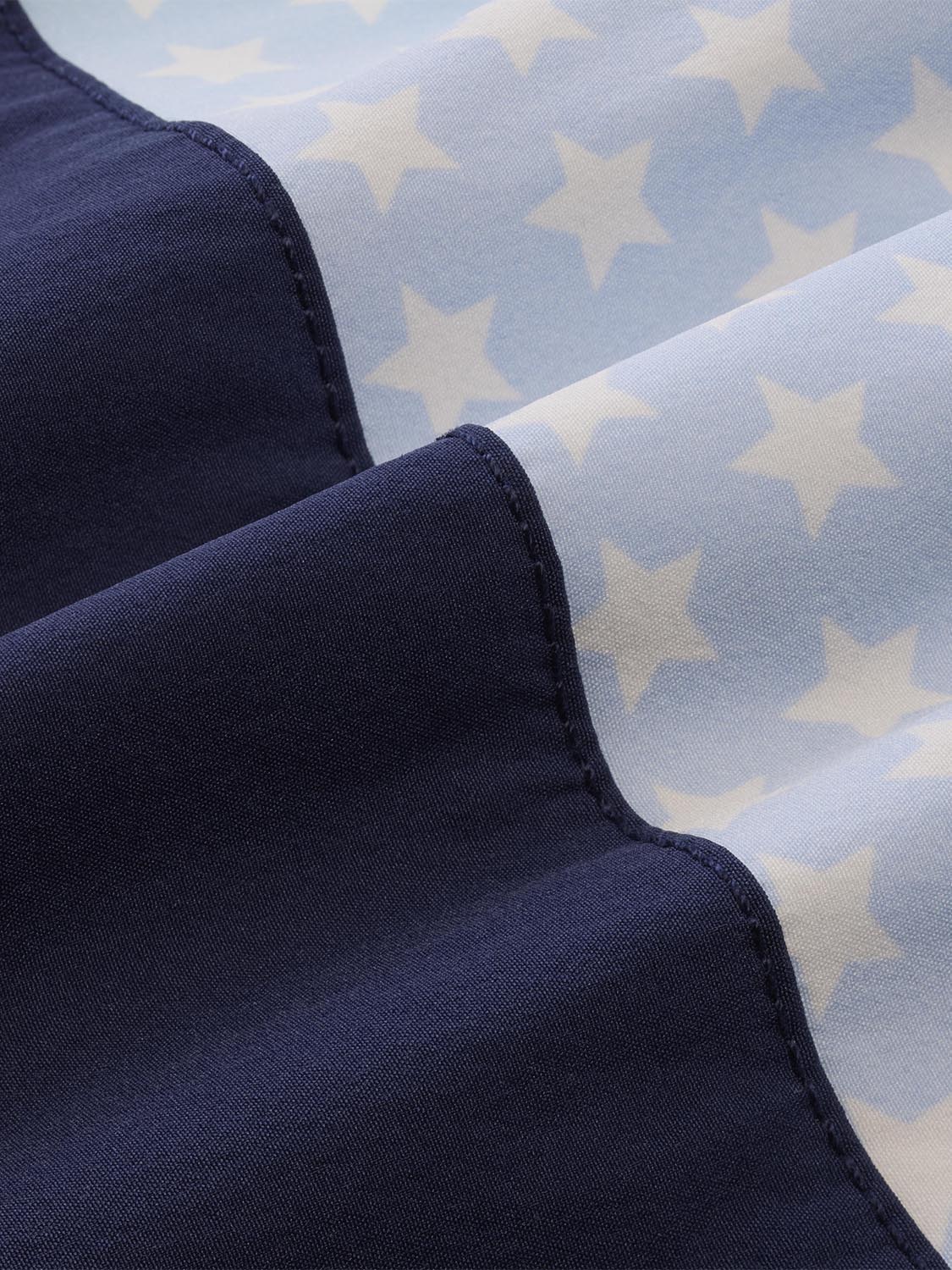 Navy trunk with cream stars scattered across light blue fabric background.