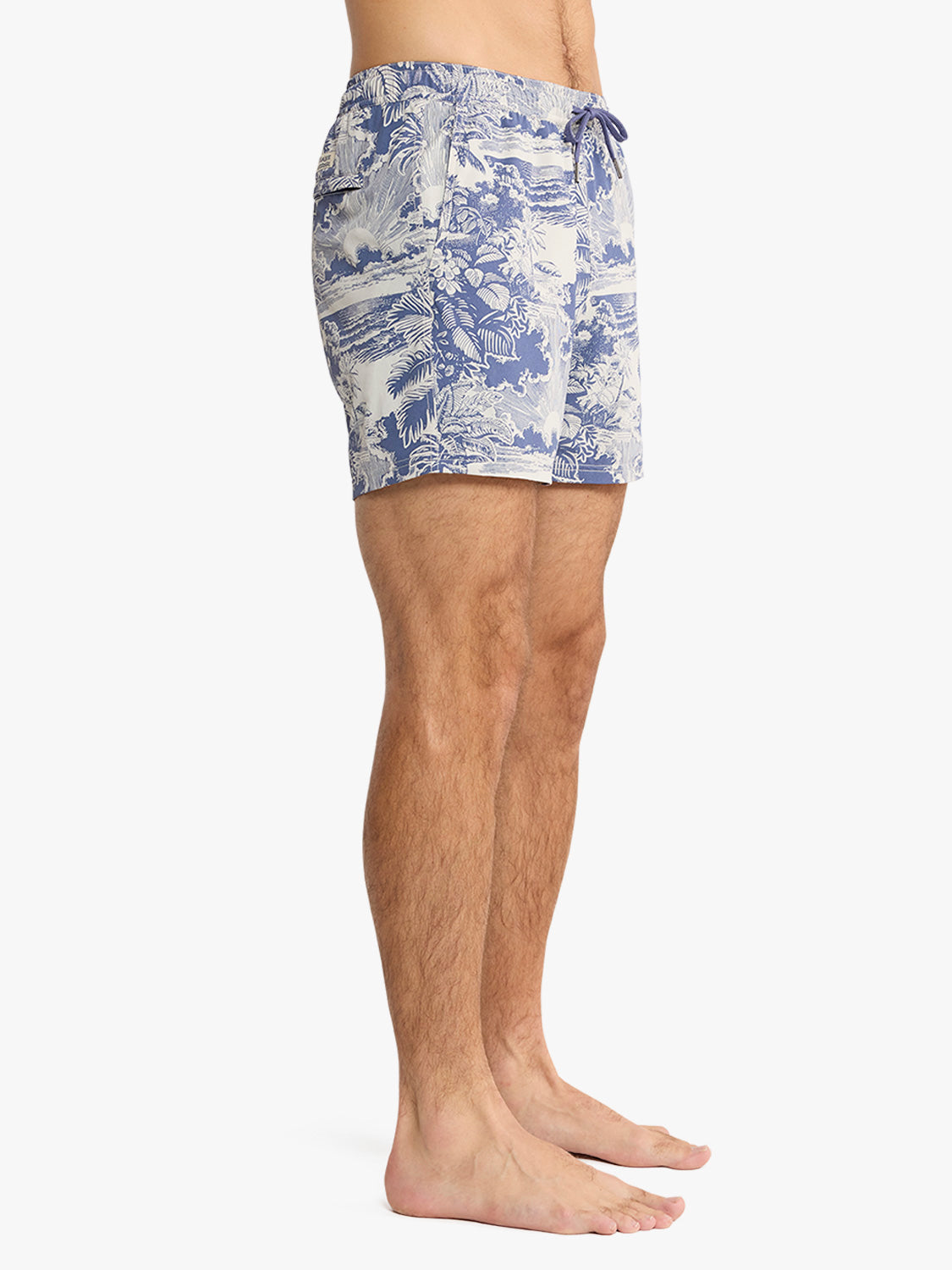 Men's swim trunk with blue and cream tropical palm print and drawstring waist.