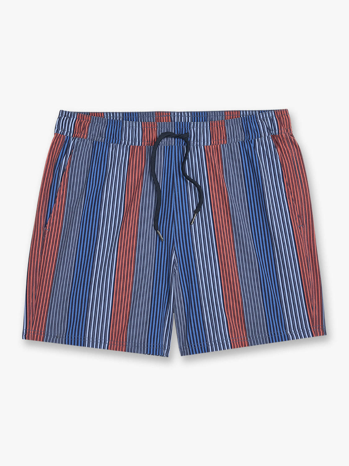 Blue and red striped swim trunks with a drawstring waist and vertical ribbed texture pattern.