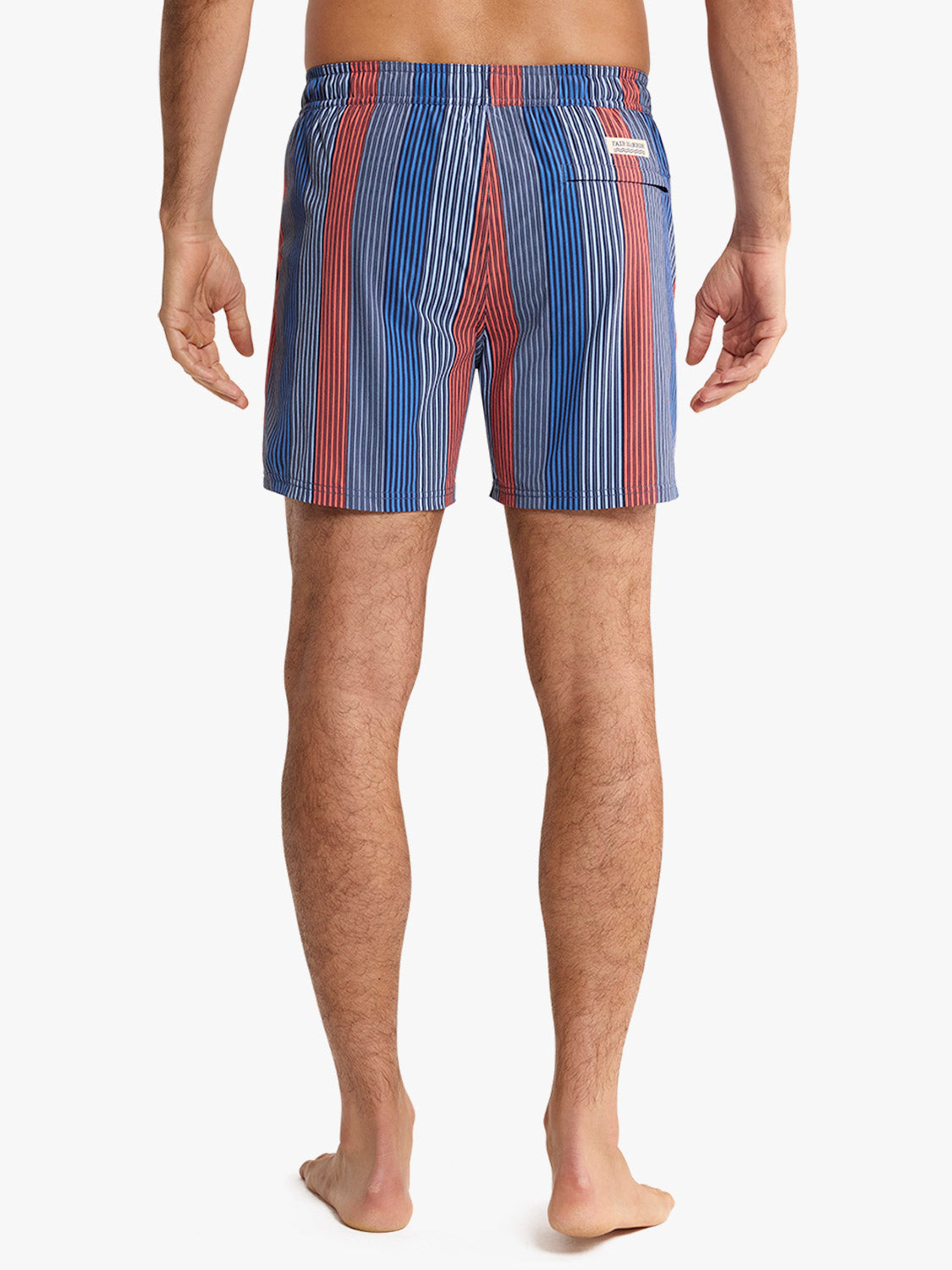 Men's swim trunks with blue, red, and white vertical stripes and elastic waistband.