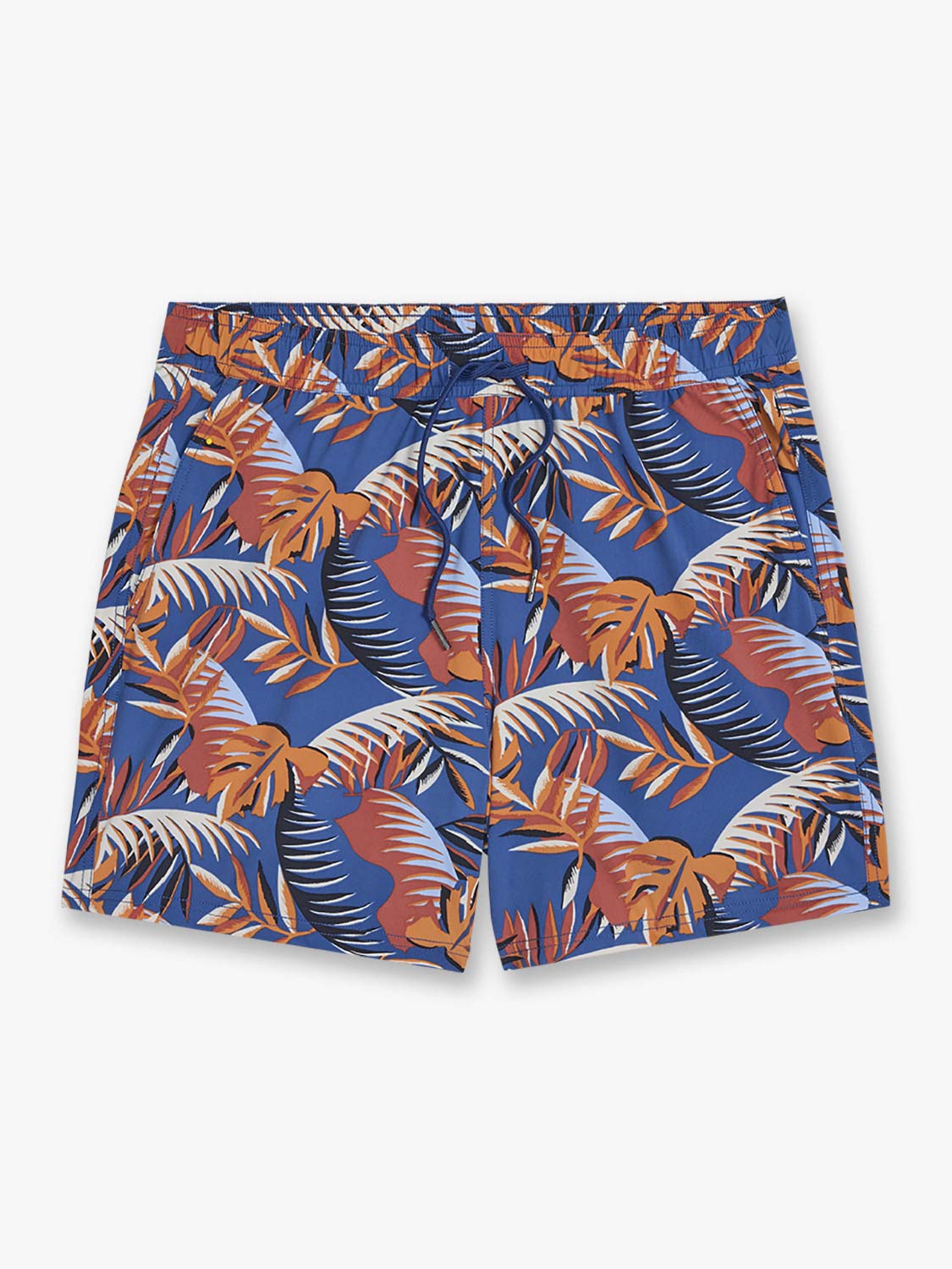 Blue swim shorts with orange, red, and white tropical palm leaf pattern throughout.