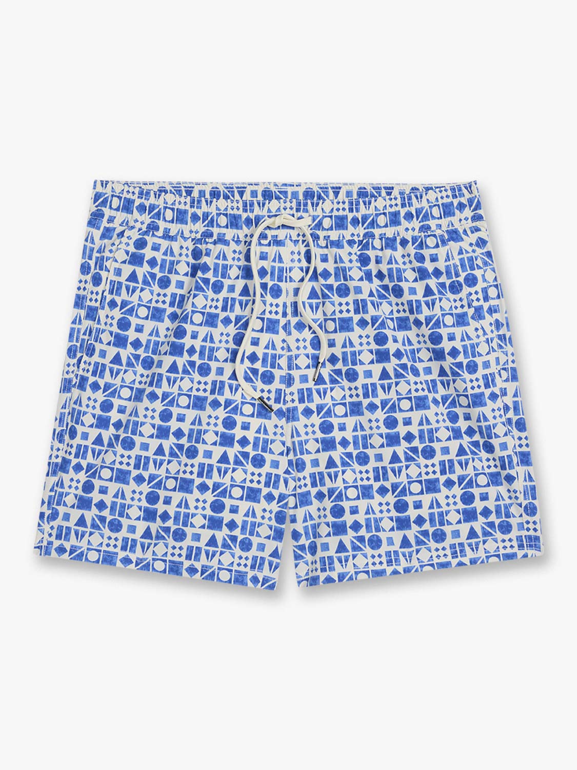 Blue and white swim shorts with geometric patterns and a drawstring waist closure.