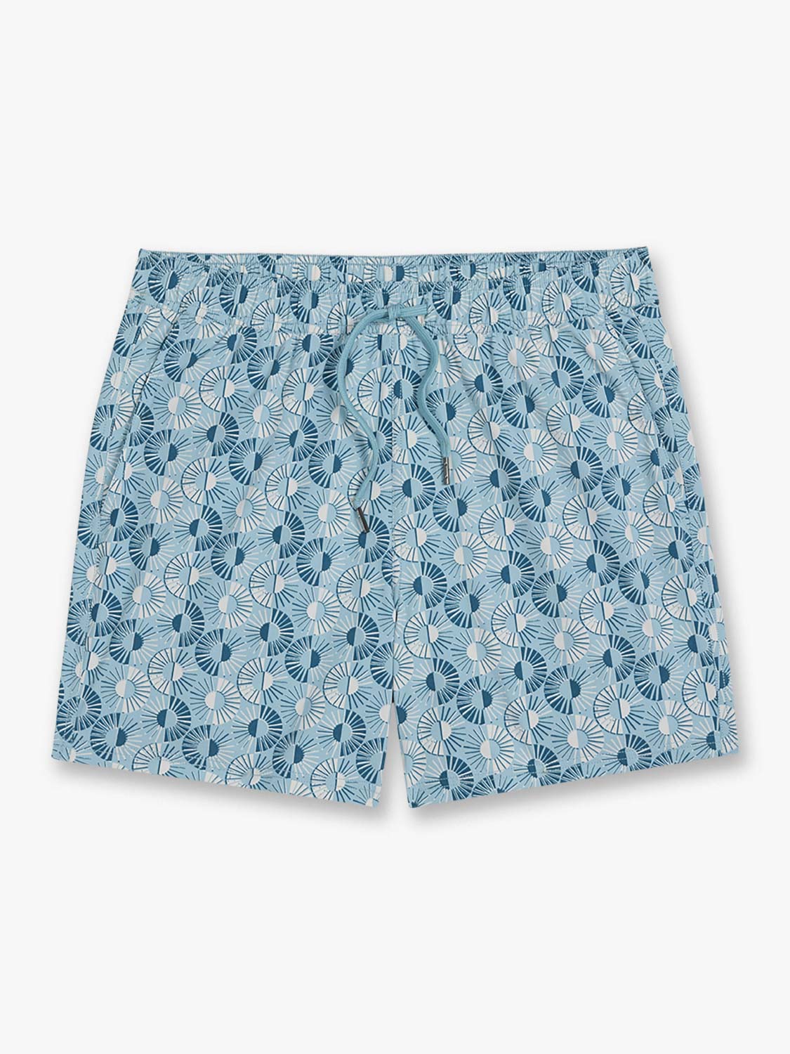 Bay blue swim trunks with an all-over sunburst starburst pattern in darker teal and lighter blue shades.