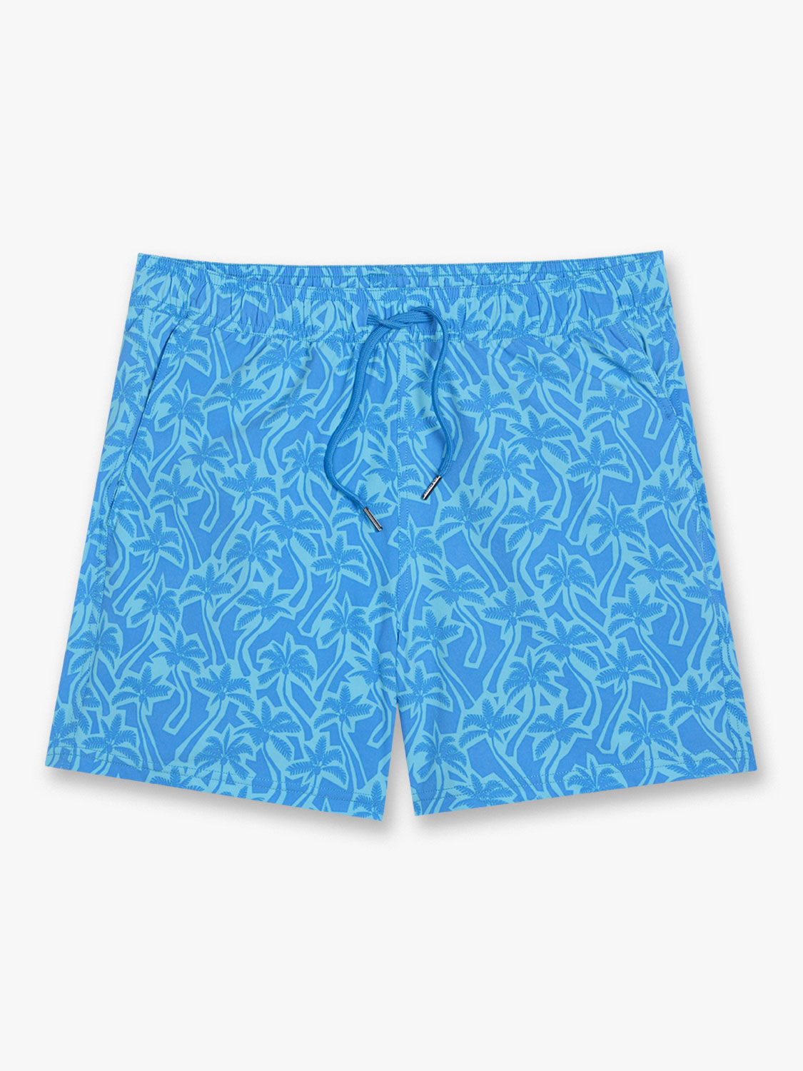 Turquoise swim trunks with cutout palm leaf pattern and drawstring waist closure.