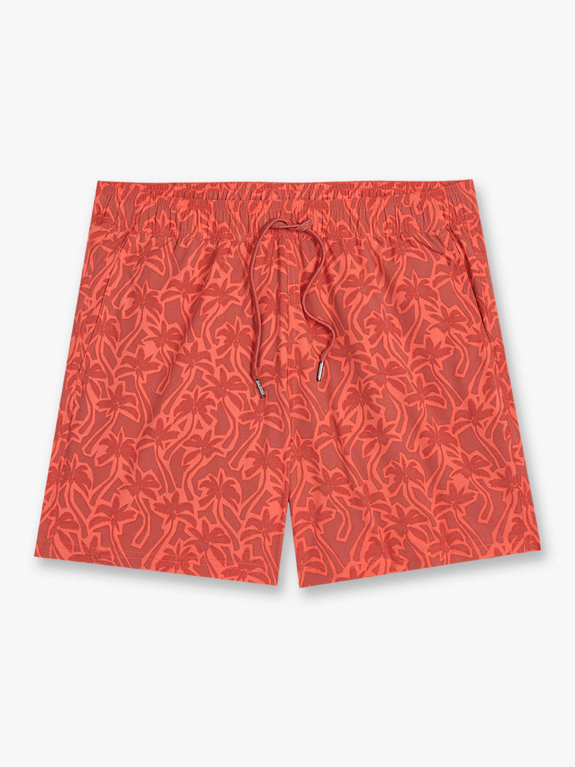 Coral swim trunks with an allover palm leaf cutout pattern and drawstring waist closure.