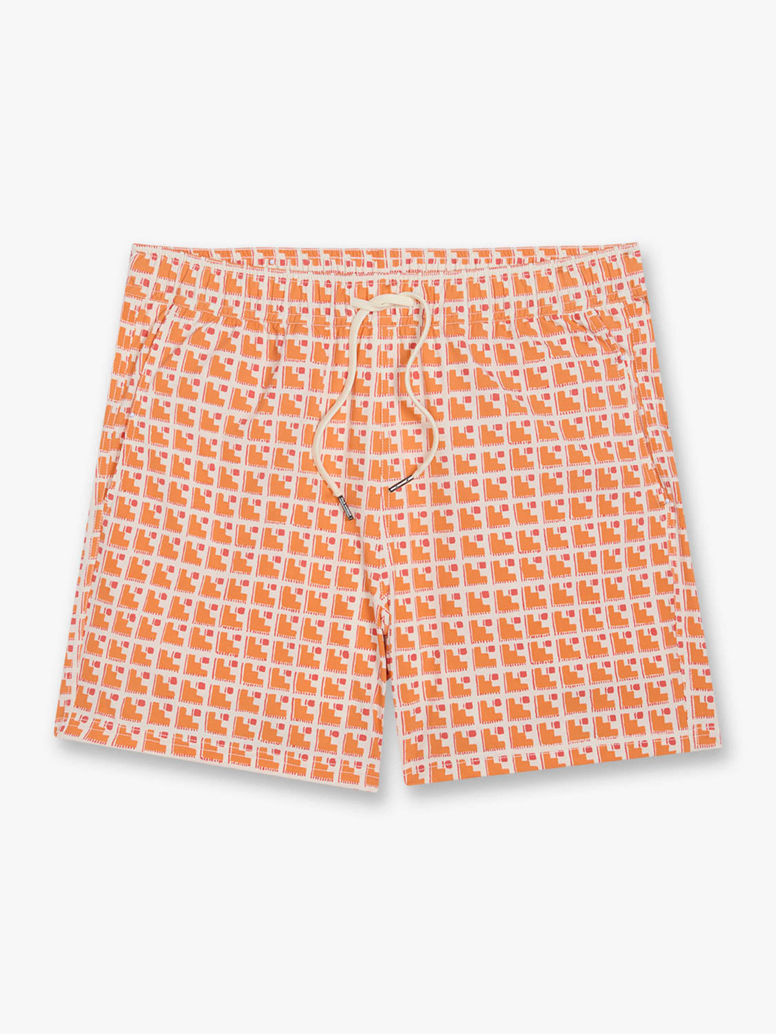 Orange and white patterned swim shorts with drawstring waist and geometric print throughout.