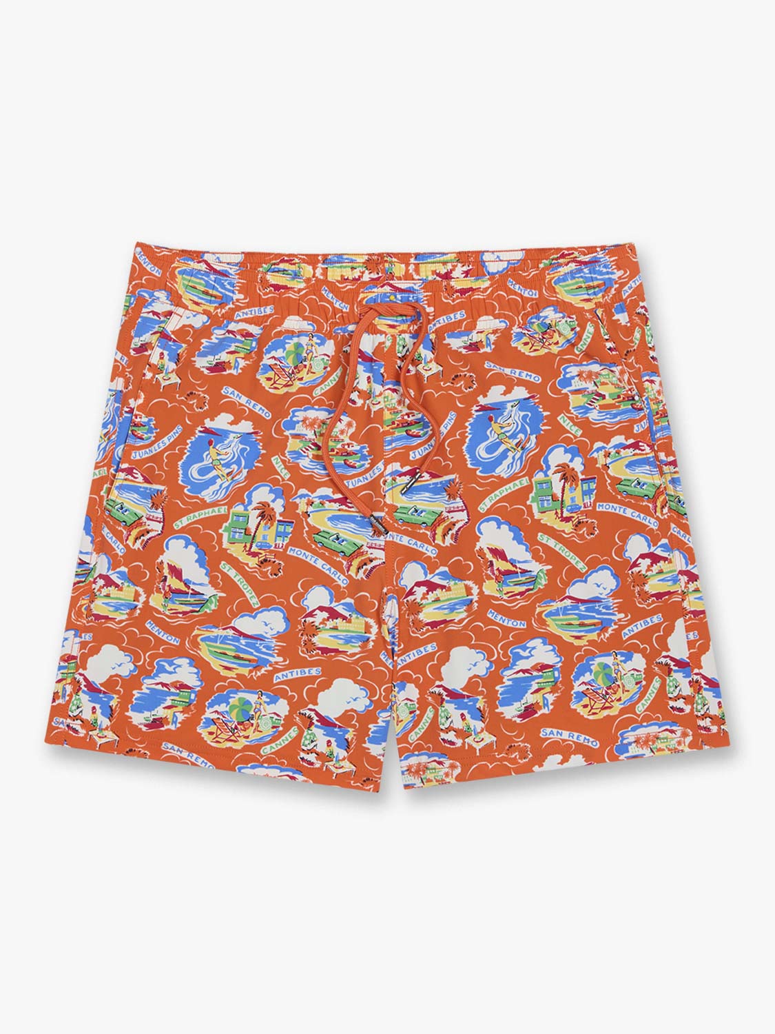 Red swim trunks with colorful beach and vacation-themed print throughout the fabric.