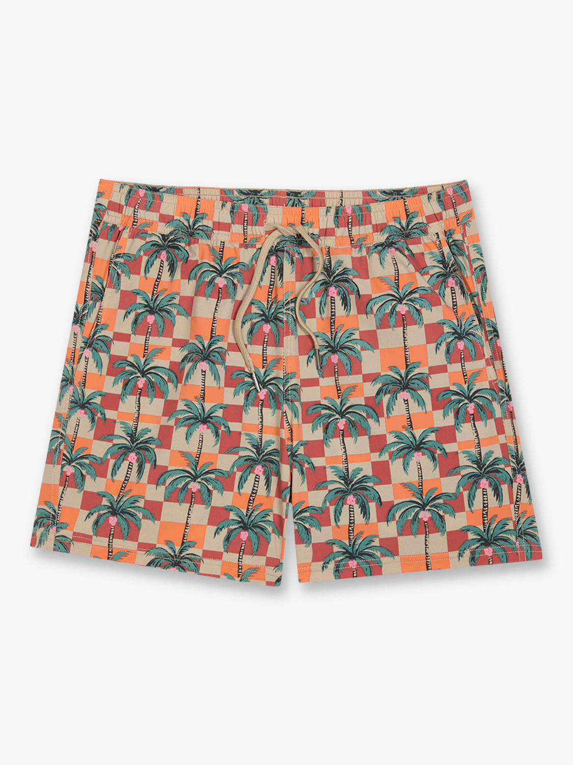 Bungalow trunk swim shorts featuring a checkered pattern with palm tree motifs in orange, red, and teal colors.