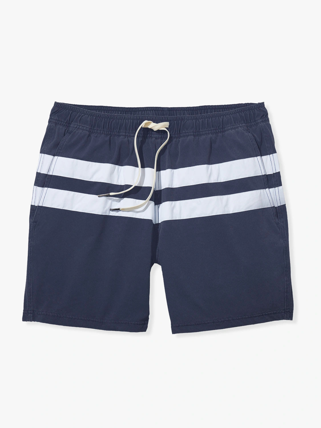 Navy and white striped swim trunk with horizontal stripes and drawstring closure.