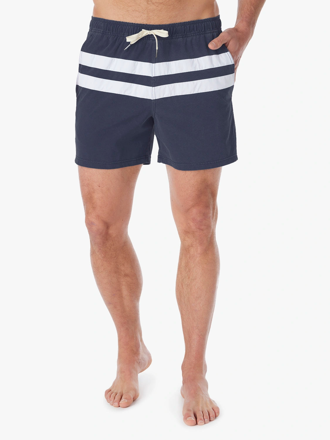 Navy and white striped swim trunk with horizontal stripes and a drawstring waist.