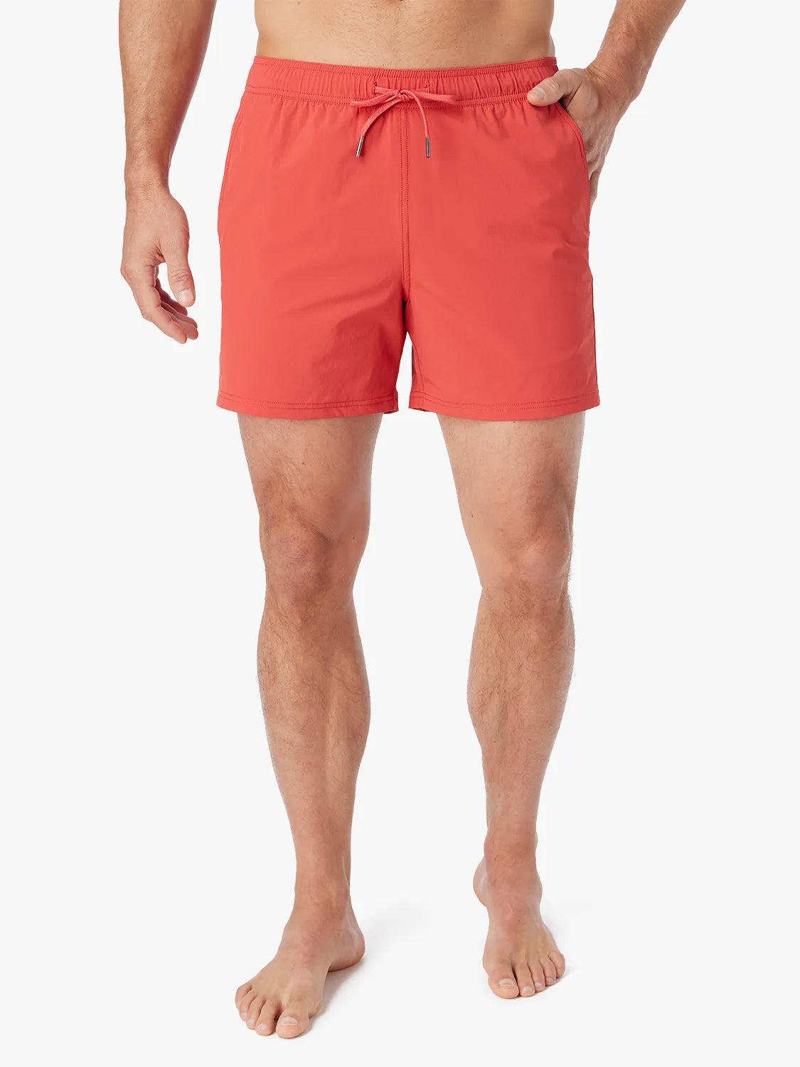 Person wearing solid red bungalow trunk with drawstring on a white background.