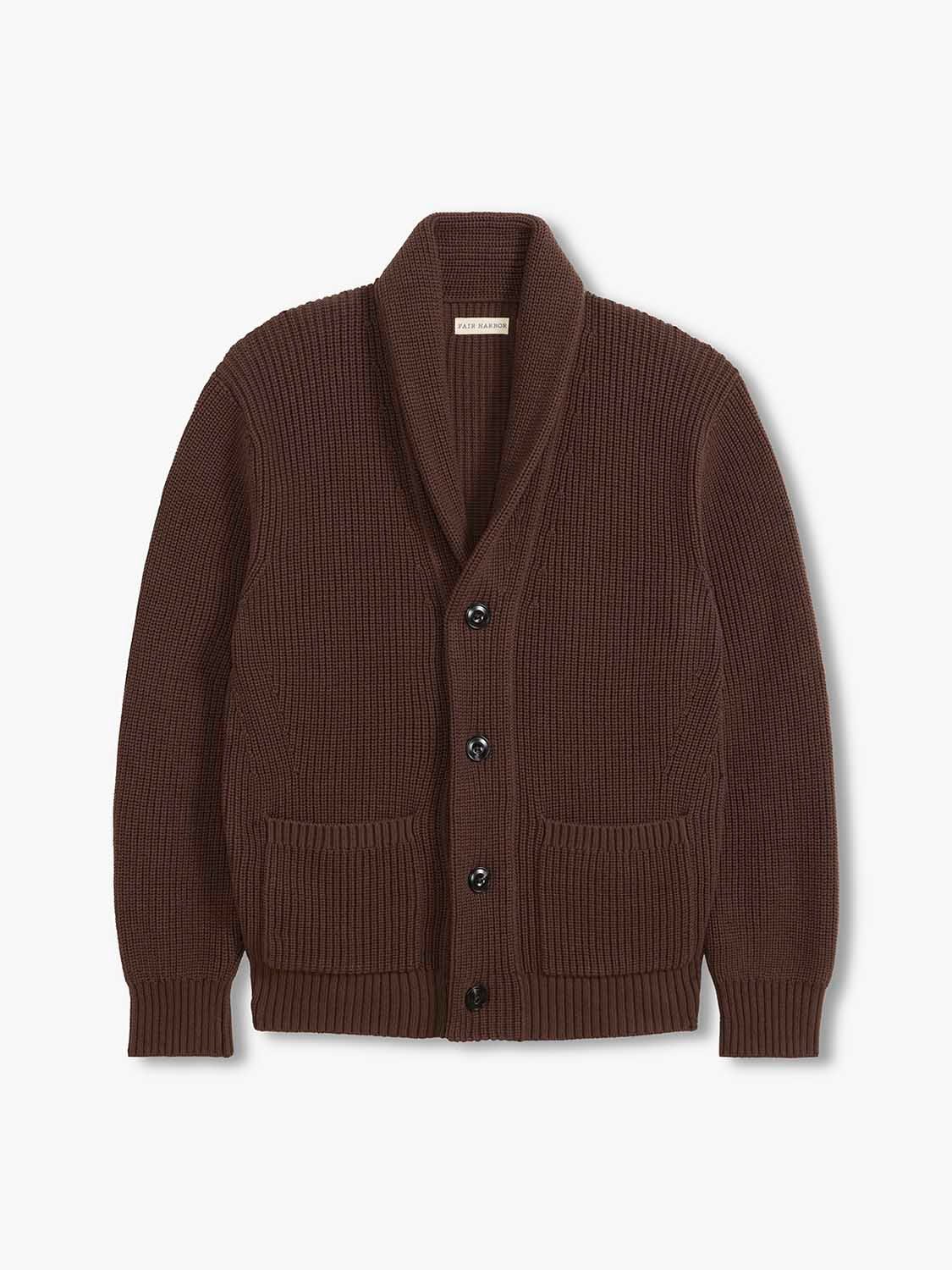 Dark brown ribbed cardigan sweater with button front and patch pockets displayed flat.