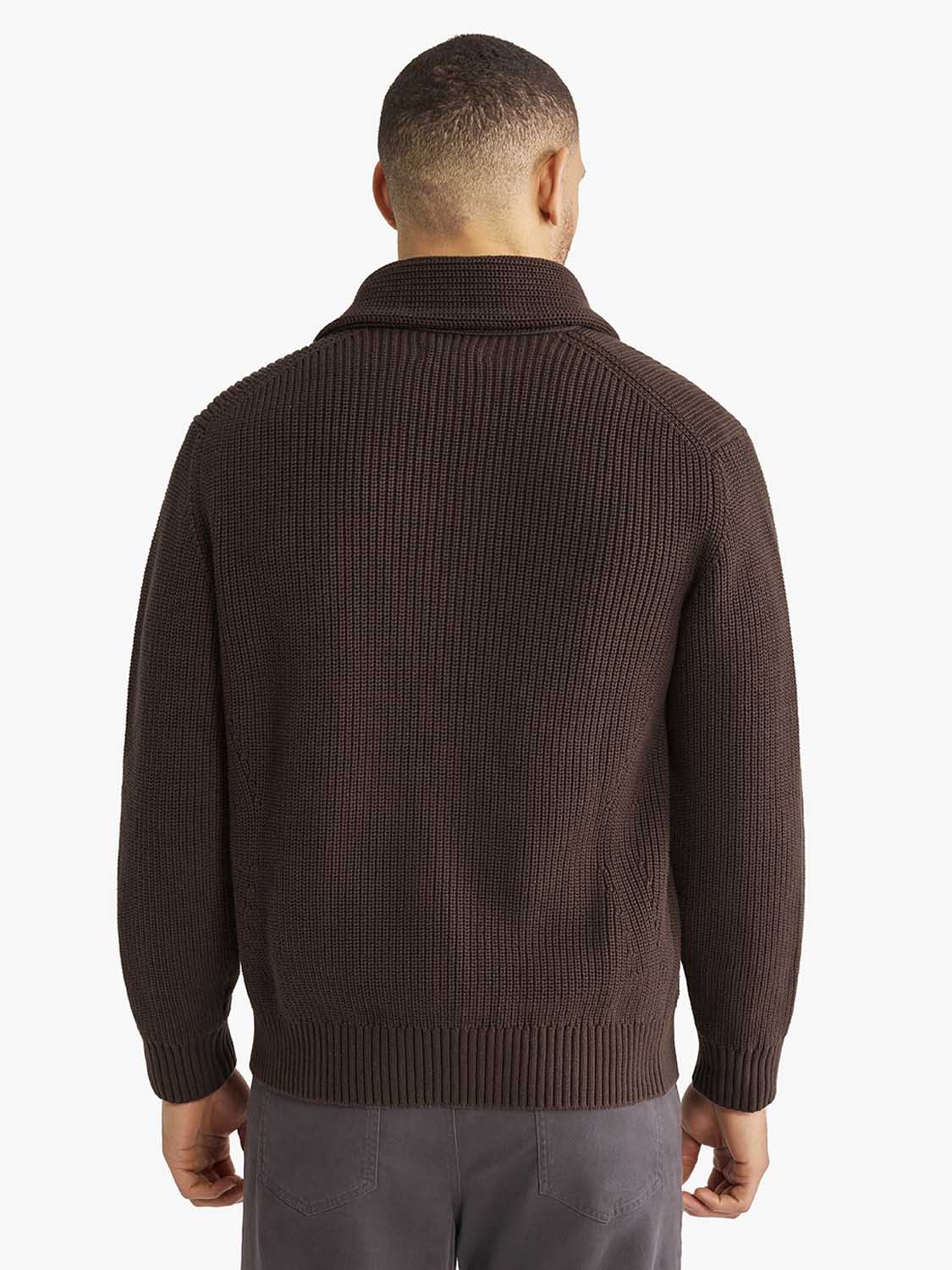 Dark brown ribbed sweater with a collared neckline shown from the back view.