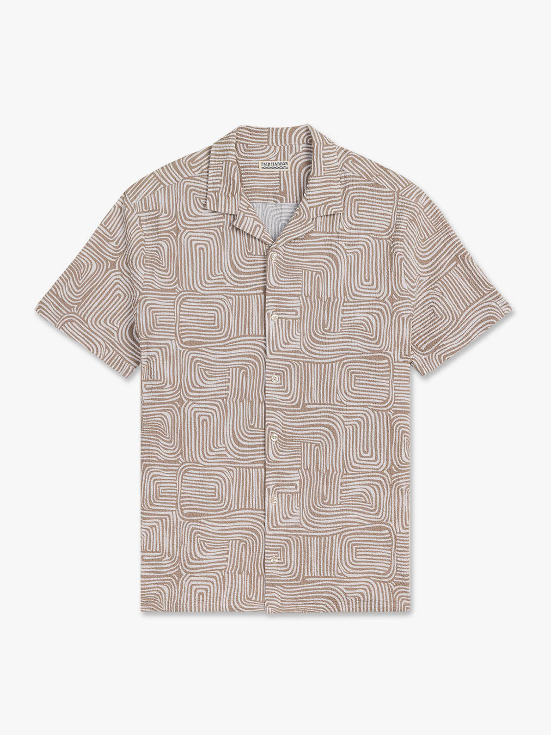 Tan and white camp shirt with wavy striped pattern and short sleeves displayed on neutral background.