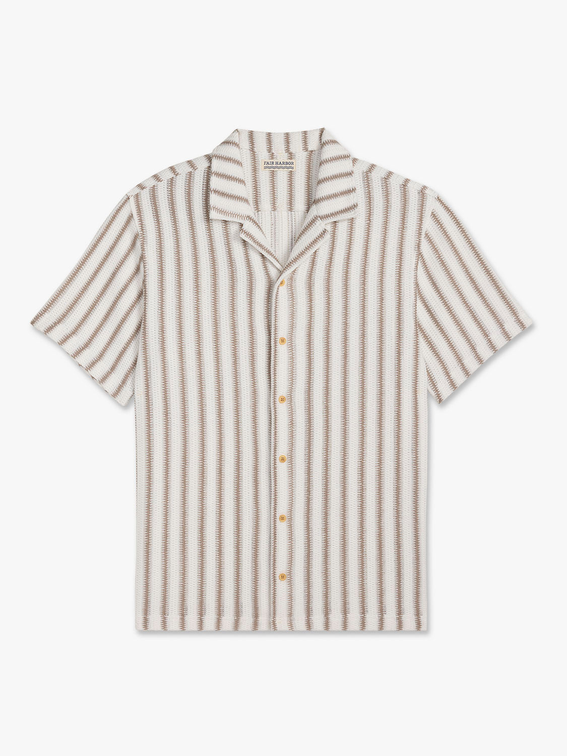 Beige and white striped crochet short-sleeve shirt with gold buttons and a collar.