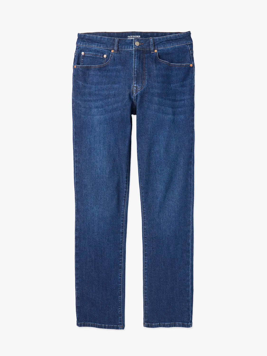 A pair of men's straight-fit blue denim jeans in the color Deep Sea Wash with a 5-pocket design on a white background. 